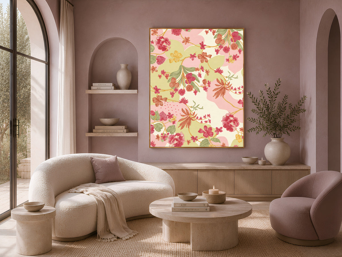 Pink and Green Floral Wall Art, Vintage Botanical Pattern Print, Grandmillennial Chinoiserie Style Flowers, Printable Digital Download