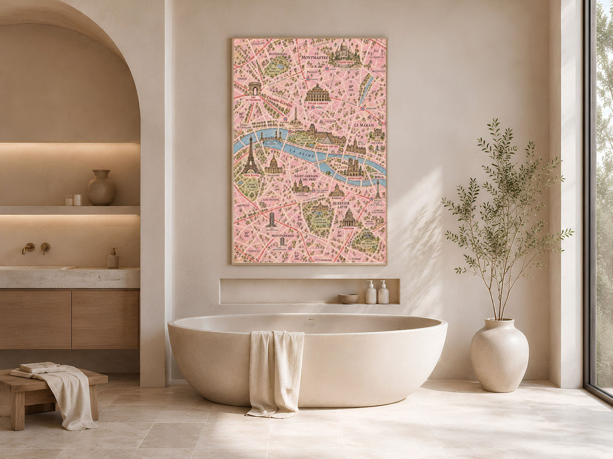 Paris Map Wall Art, Illustrated City Map Print - Digital Download