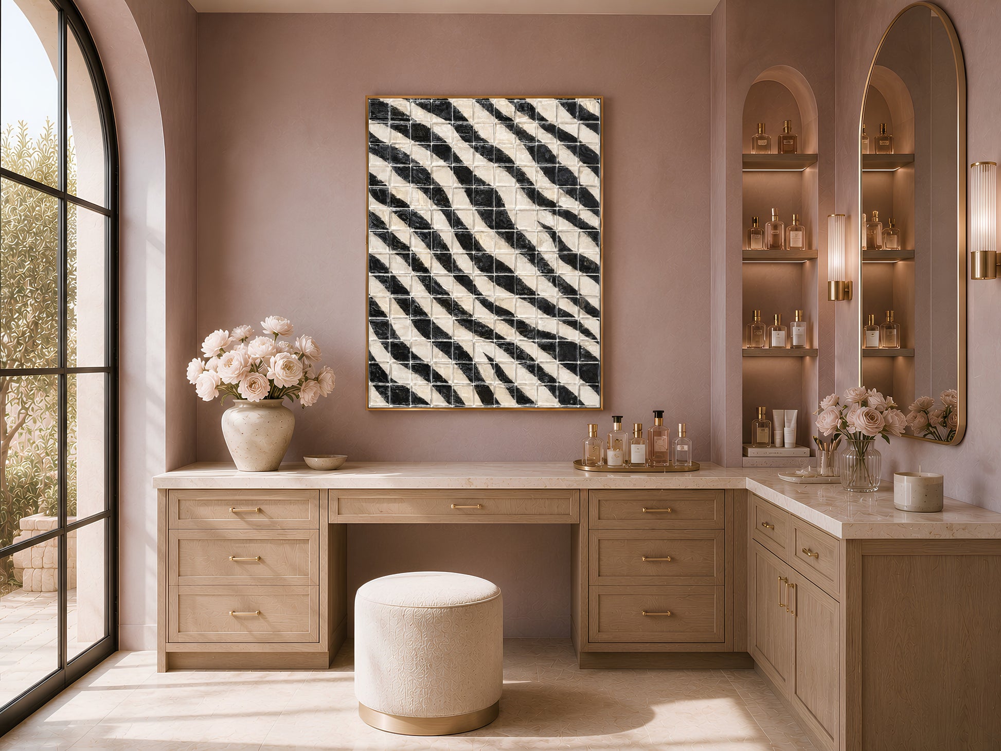 Black and white diagonal stripe mosaic tile wall art in a gold frame above a vanity desk with white flowers, cream ottoman, and large windows in a bright dressing room
