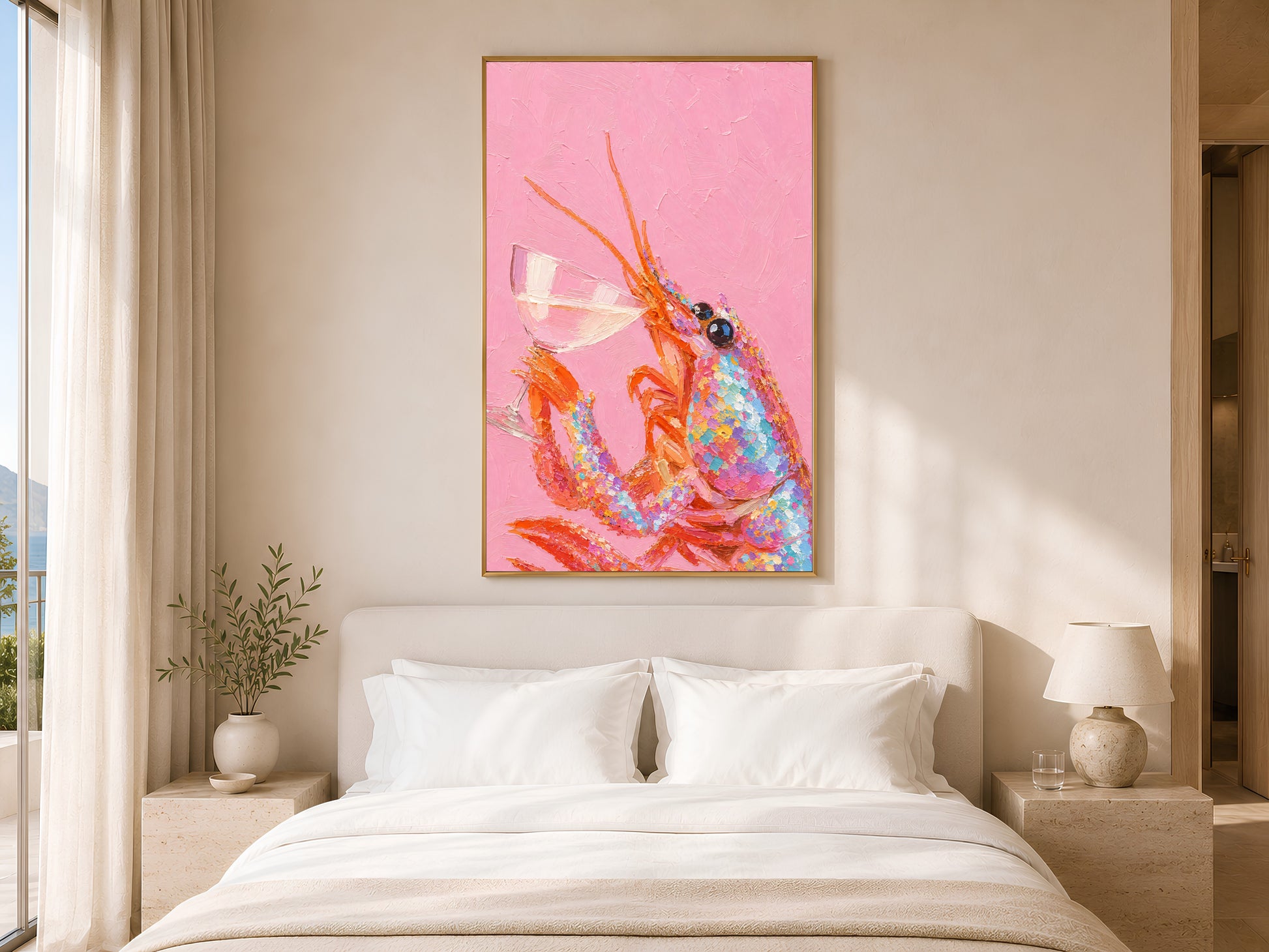 Pink lobster wall art in gold frame above white bed in warm neutral bedroom with olive tree
