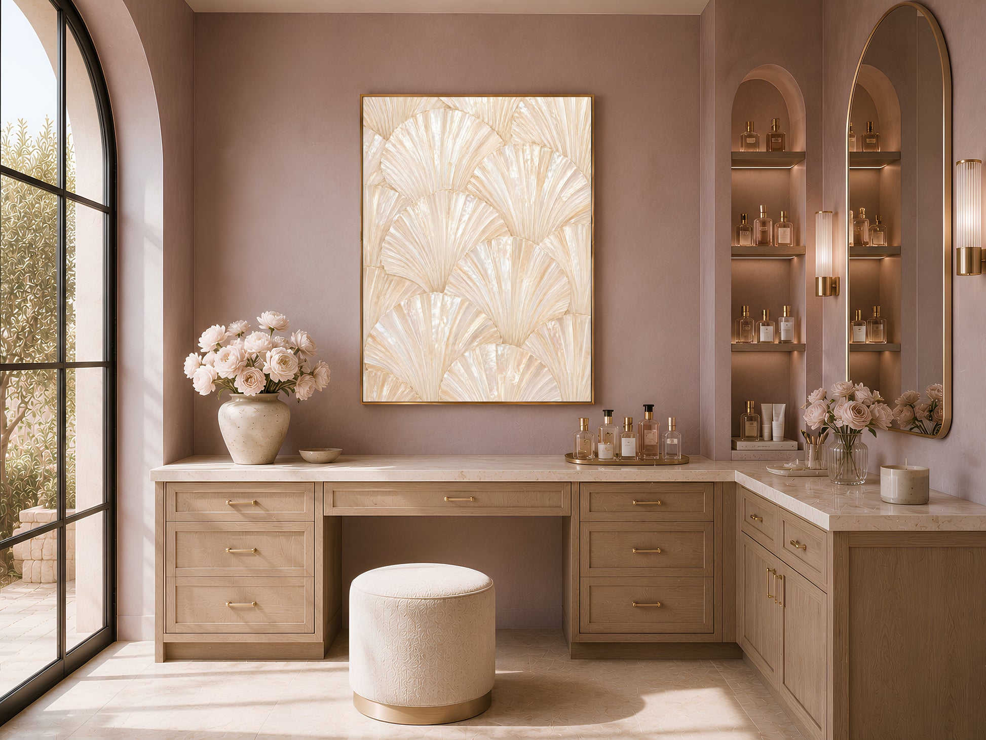 Ivory leaf print above dressing table, boudoir wall art, feminine vanity room decor