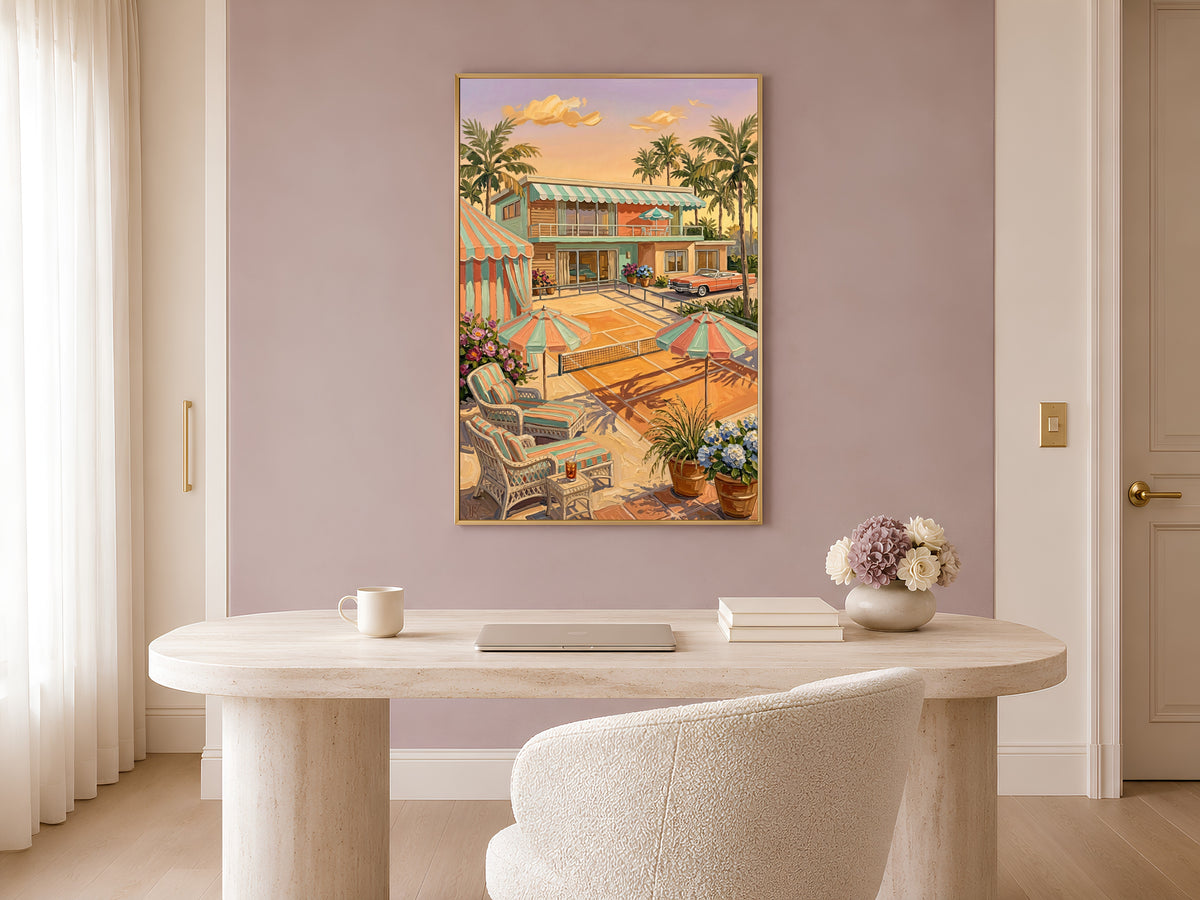 Retro Palm Springs Tennis Wall Art, Pastel Mid-Century Pool House Print - Digital Download