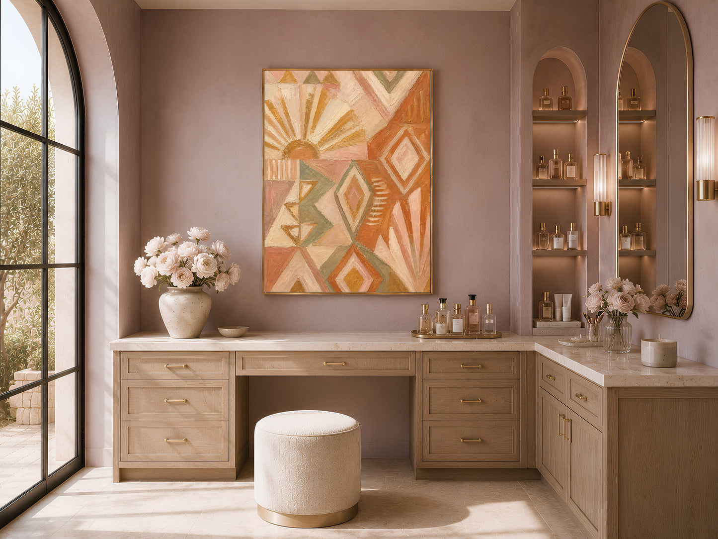Boho geometric wall art framed in a kitchen and vanity nook, terracotta and sage sunburst print with fresh flowers and natural stone counters
