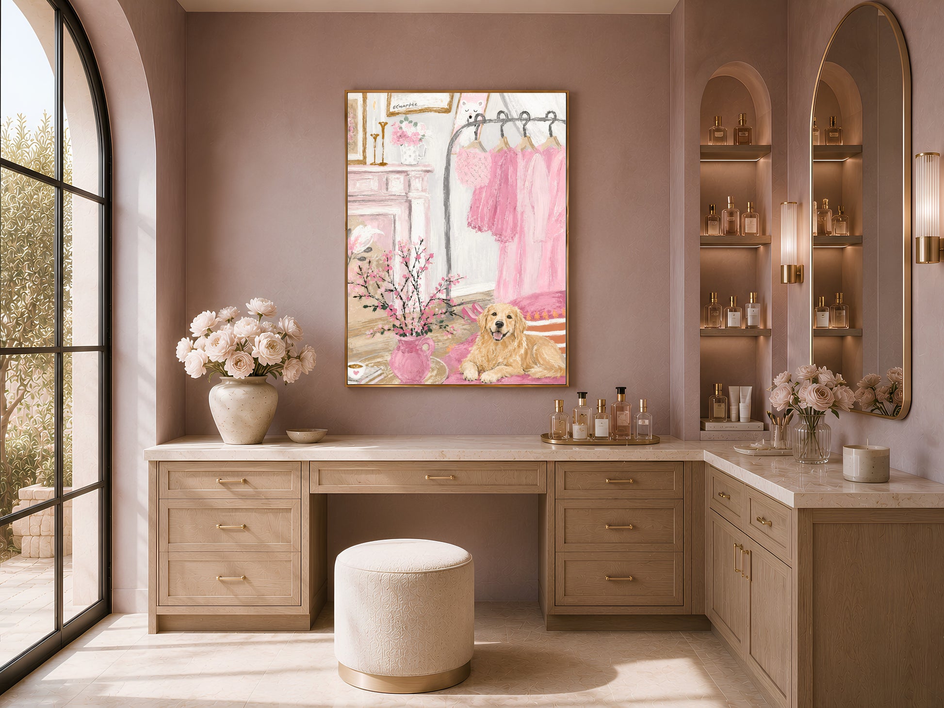 Golden retriever painting framed above a dressing room vanity, pink boudoir wall art
