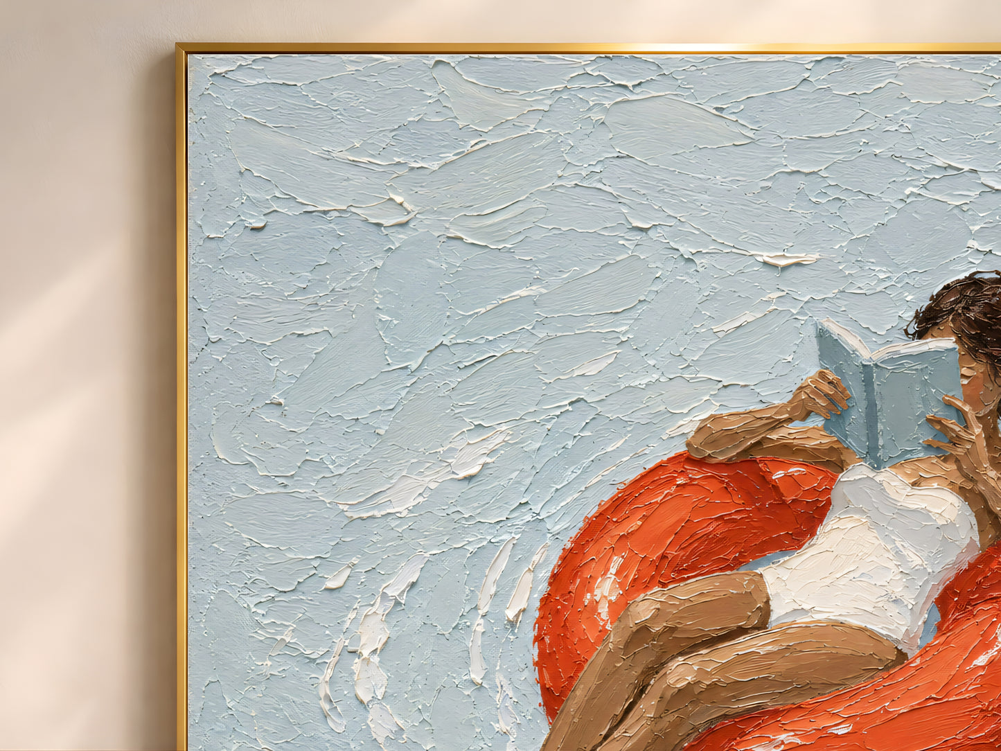 Close-up detail of impasto oil painting texture showing a woman in a white swimsuit absorbed in a book on a vivid red inflatable ring in pale blue water
