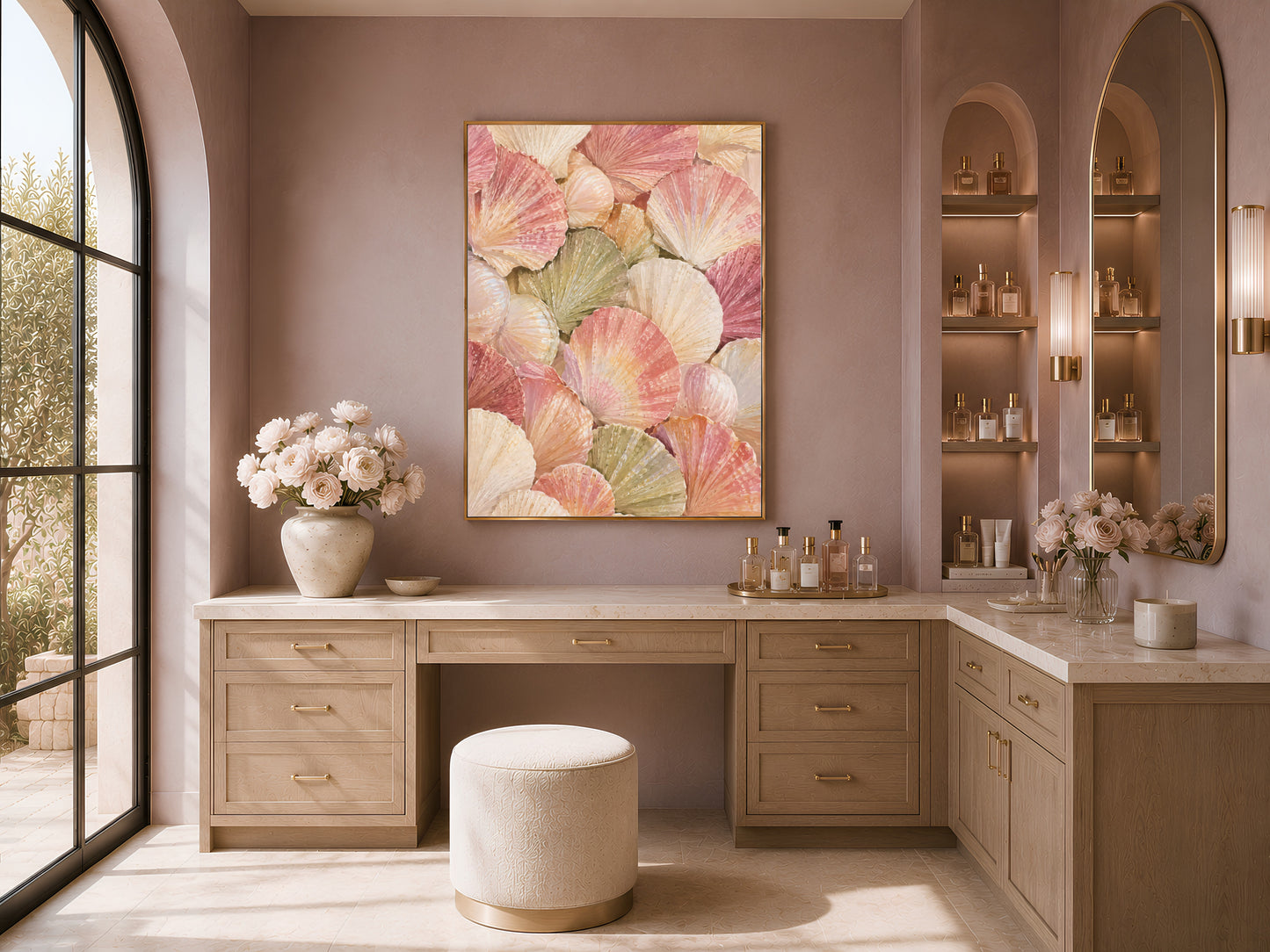 Scallop shell wall art displayed above a vanity desk with arched shelving, pastel coastal grandmother painting print