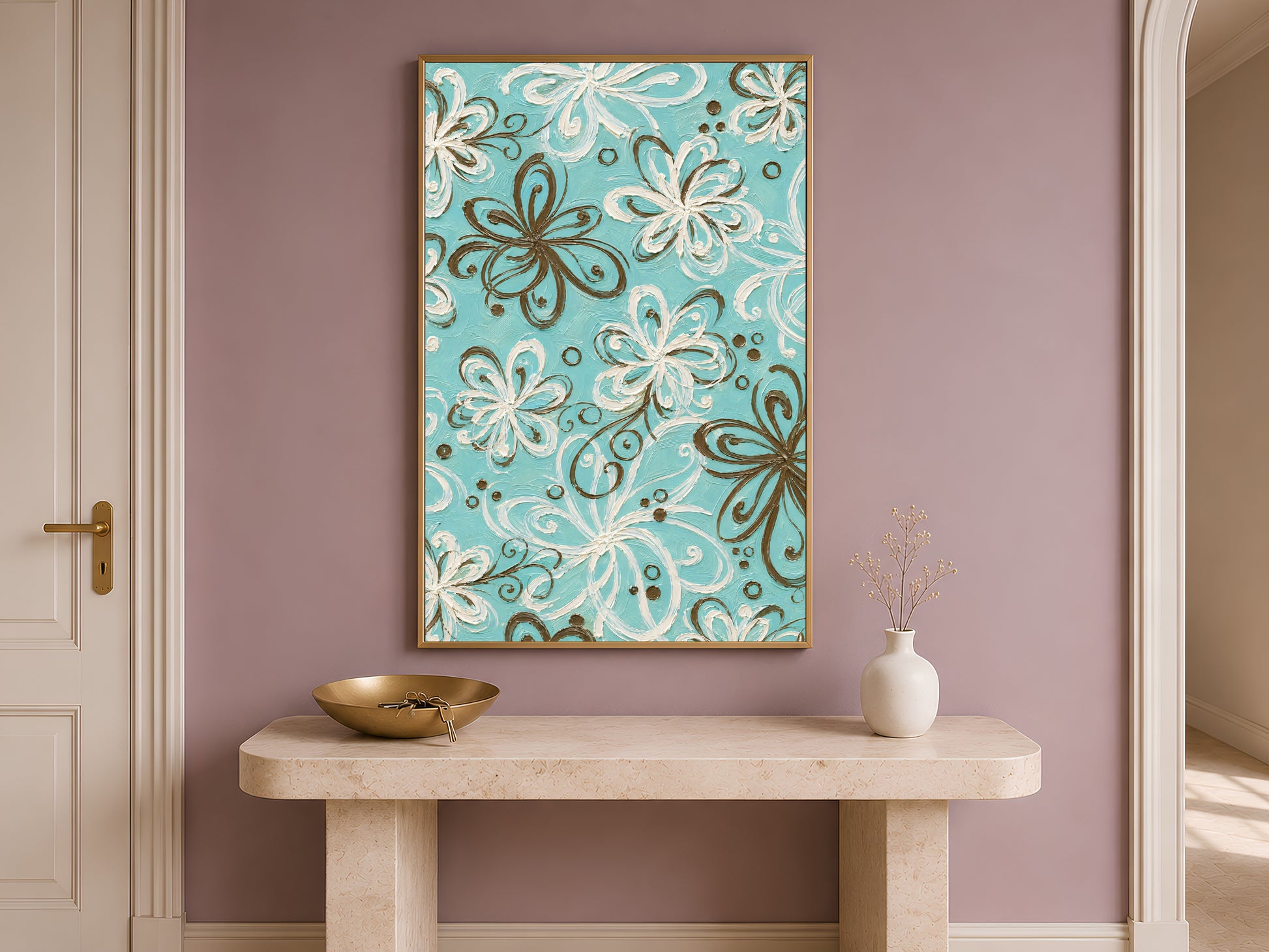 Turquoise retro swirl floral wall art in gold frame on travertine console table in hallway with neutral vase
