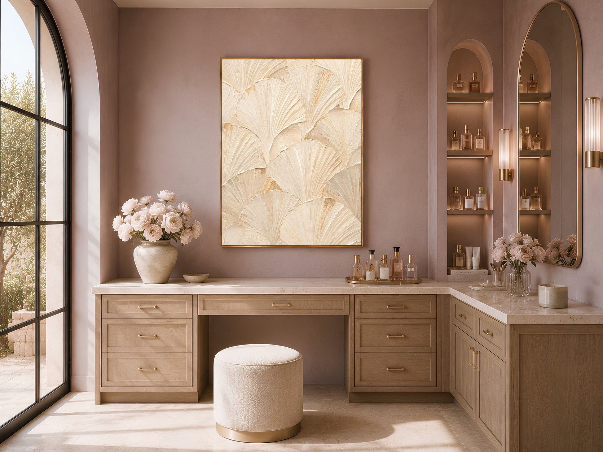 Ginkgo leaf wall art framed in gold above a wooden vanity on a mauve wall.
