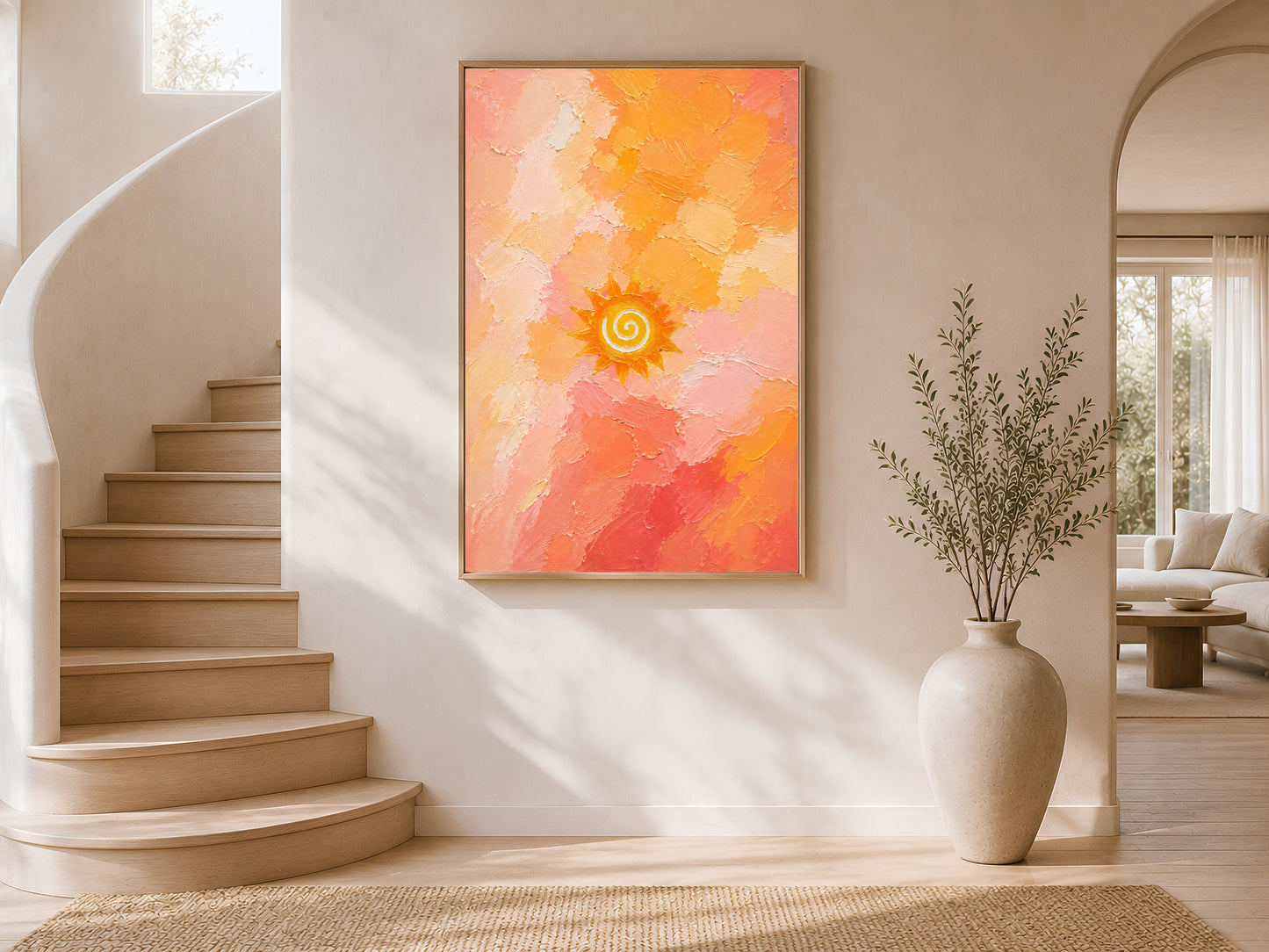 Sun spiral printable wall art framed and displayed on a curved staircase wall with natural light.
