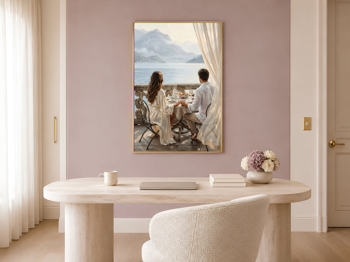 Lake Como Wall Art, Romantic Couple Breakfast Oil Painting Print - Digital Download