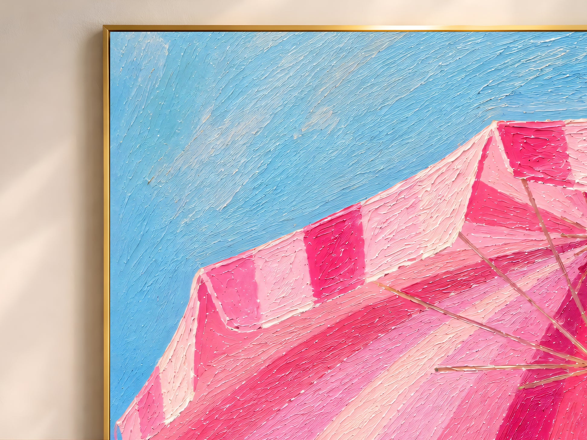 Close-up detail of pink striped beach umbrella wall art showing textured impasto-style brushwork and vibrant summer colors.