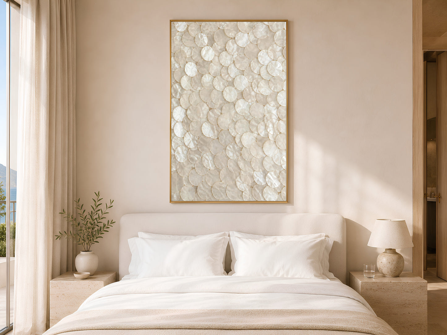 Capiz shell mosaic print framed above a bed in a sunlit neutral bedroom

