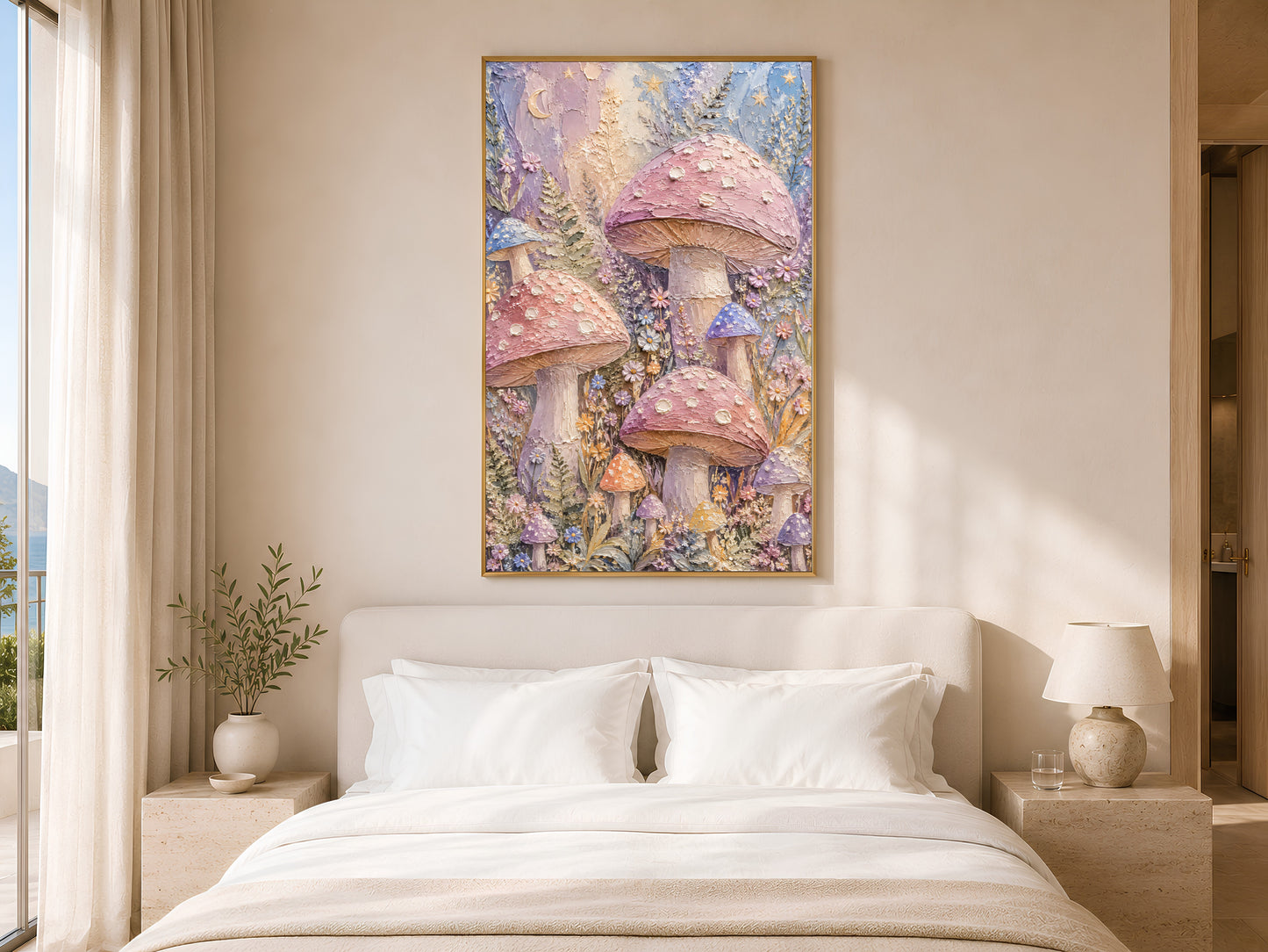 Pastel mushroom wall art in gold frame above white bed in calm neutral bedroom with soft natural light

