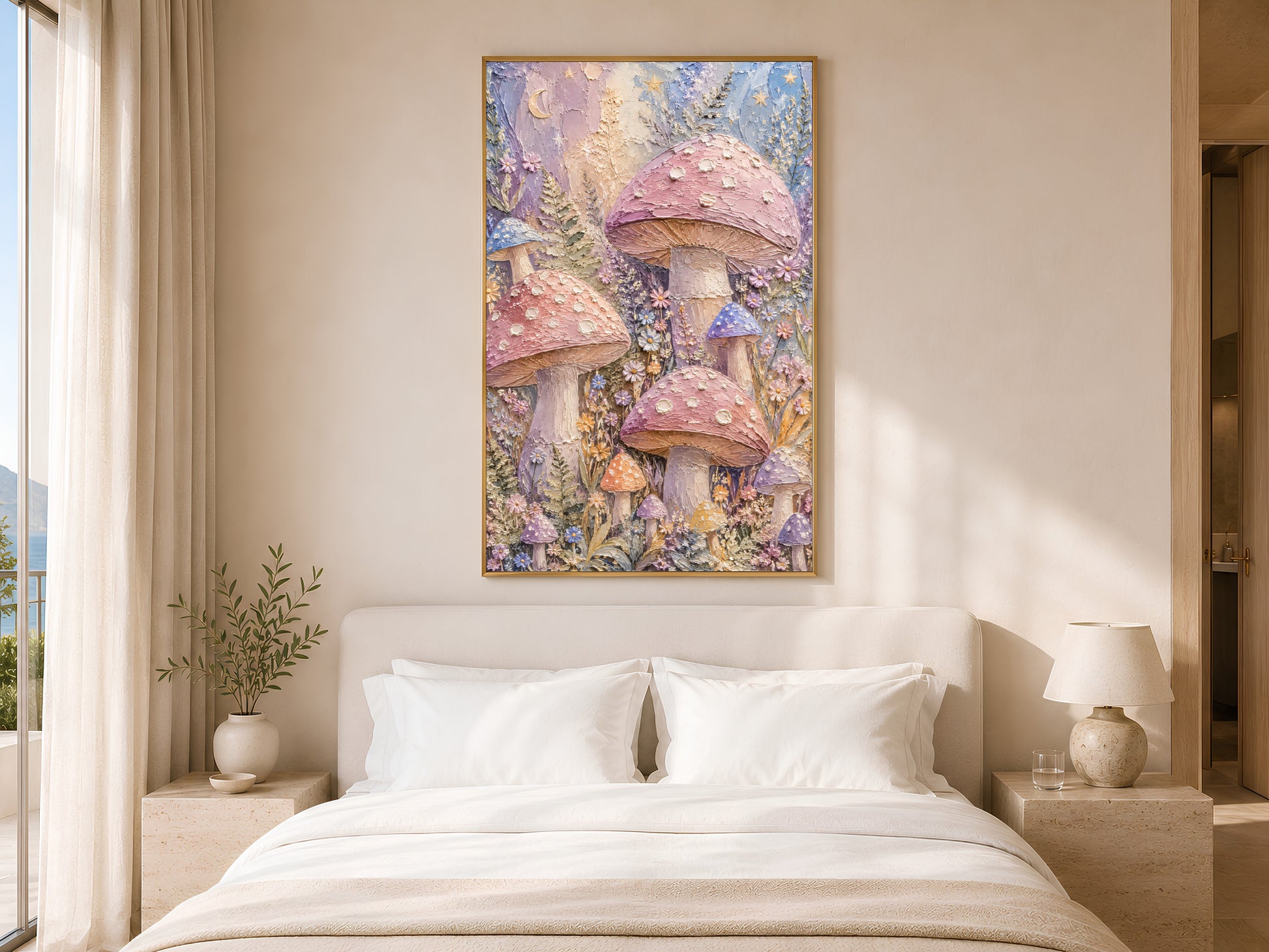 Pastel mushroom wall art in gold frame above white bed in calm neutral bedroom with soft natural light

