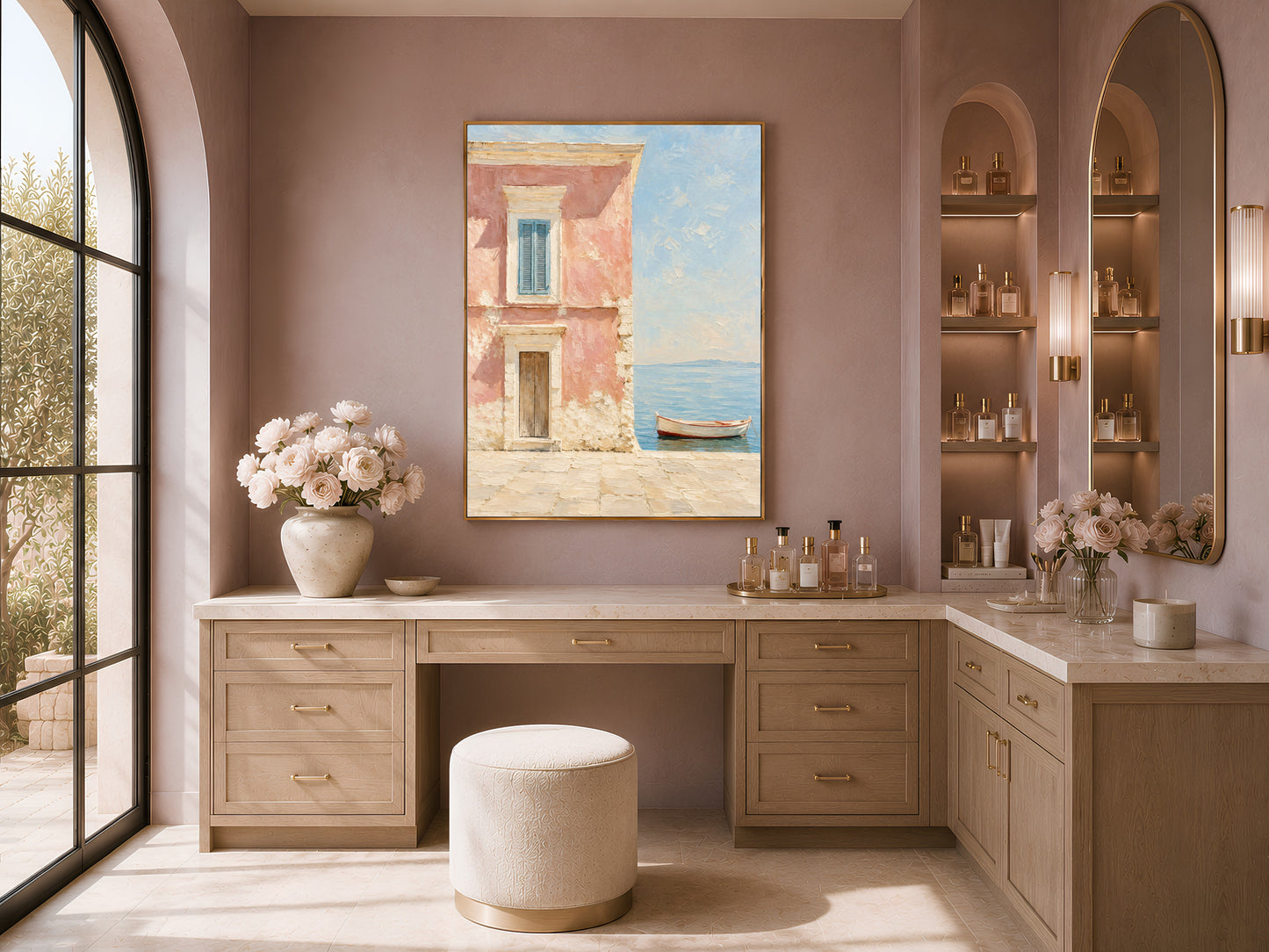 Mediterranean coastal art print above a built-in desk nook with a woven chair and warm ambient lighting