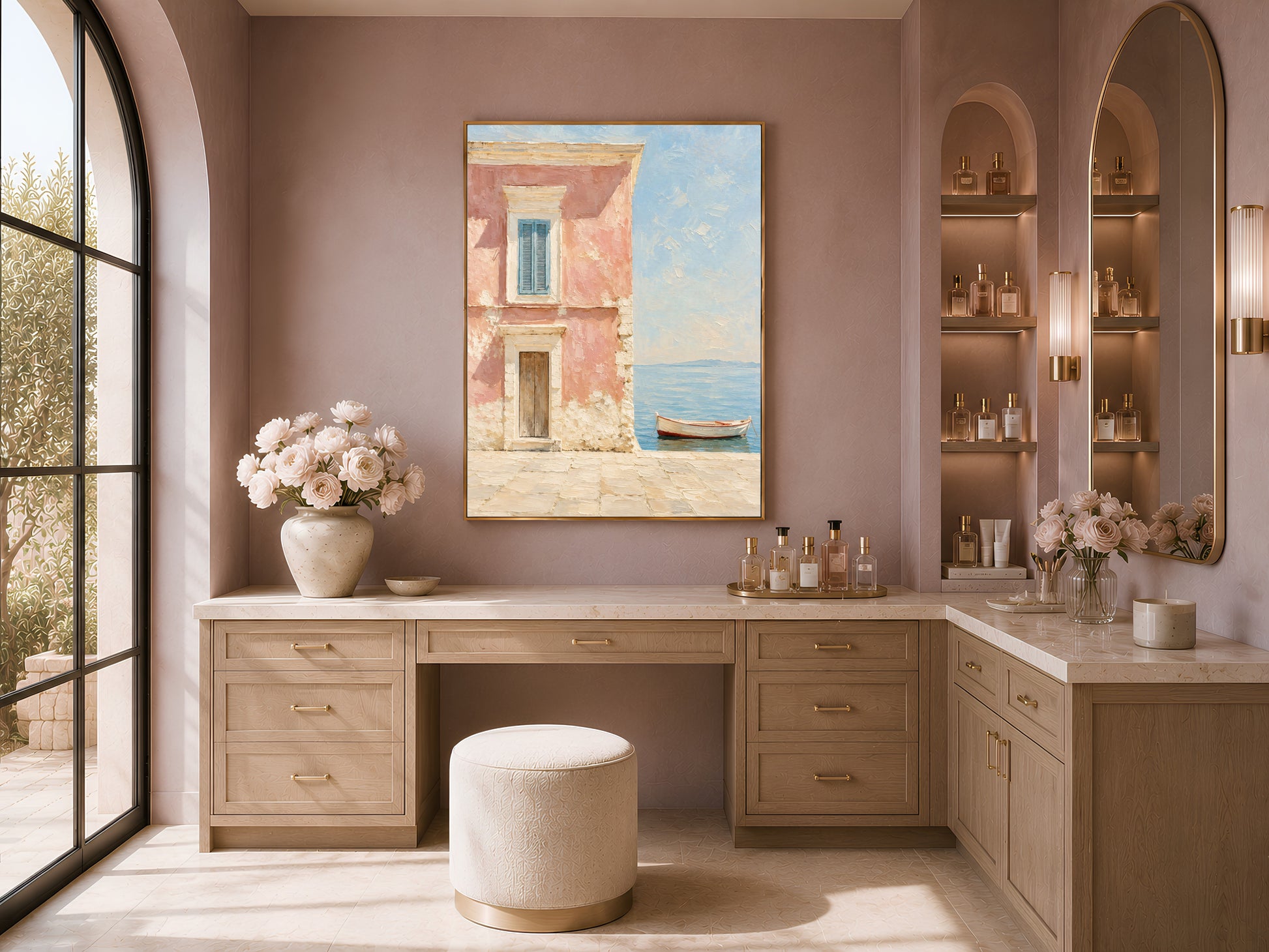 Mediterranean coastal art print above a built-in desk nook with a woven chair and warm ambient lighting