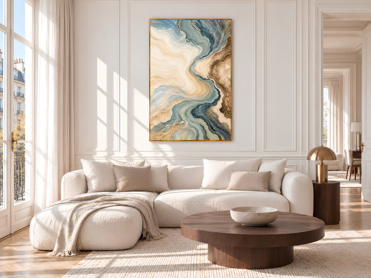 Blue and Beige Abstract Wall Art, Coastal Marble Swirl Print, Dusty Blue and Brown Painting, Printable Neutral Decor, Digital Download
