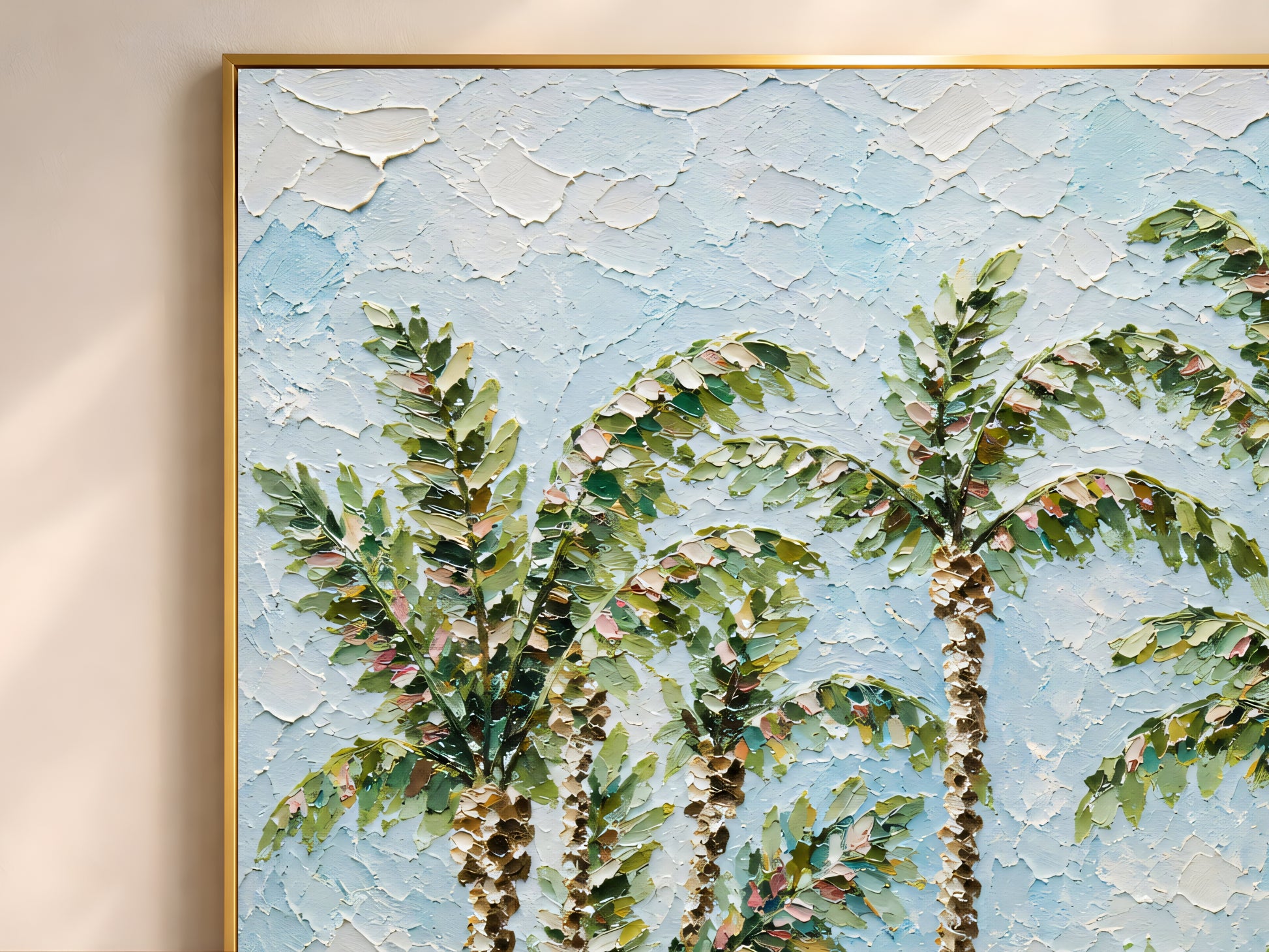 Close-up detail of impasto oil painting texture showing lush tropical palm fronds, pink fringed parasols, white loungers, and a shimmering teal pool with blue ocean horizon
