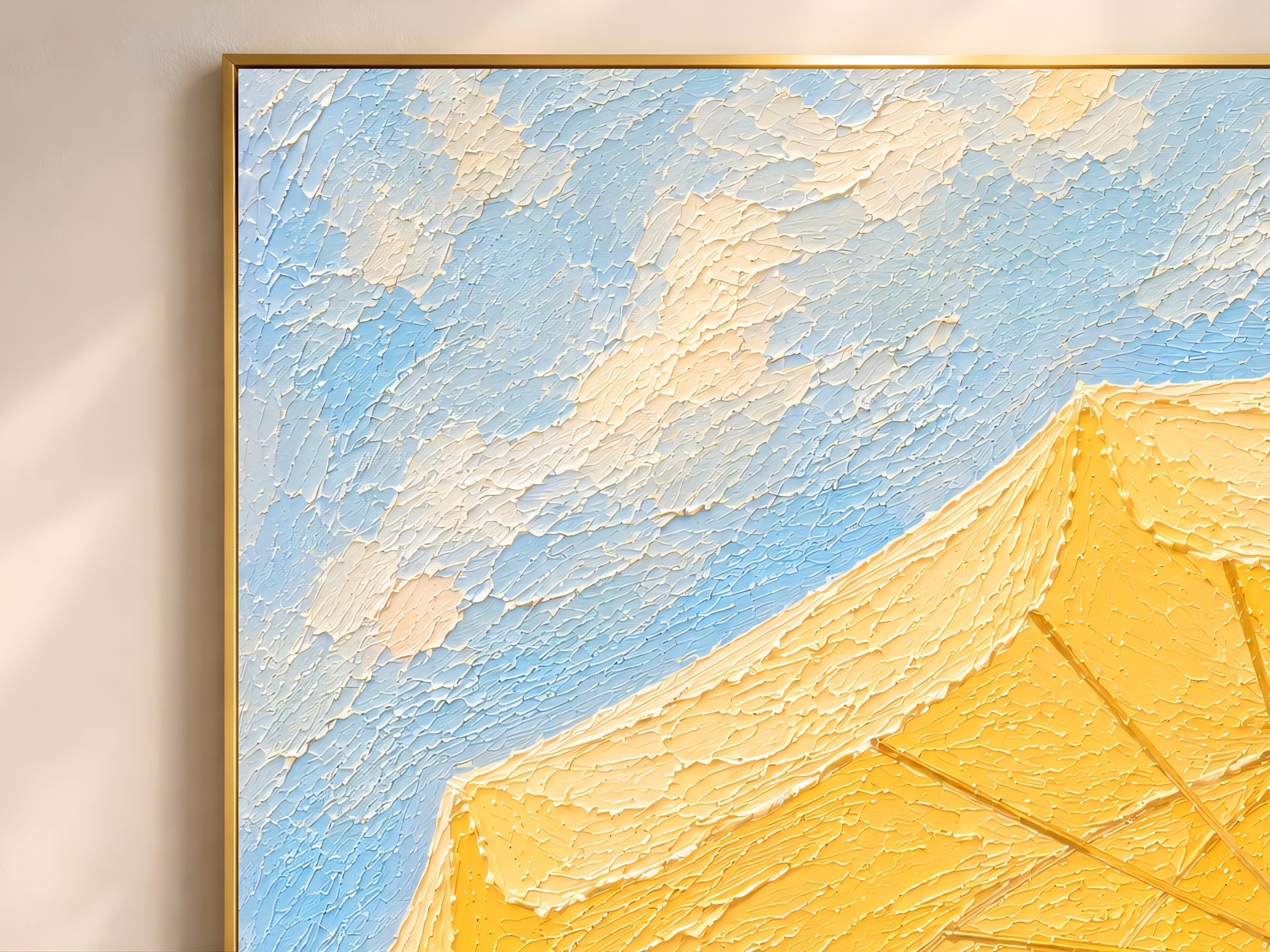 Close-up of yellow beach umbrella impasto painting print showing thick palette knife texture in butter yellow, cream and soft sky blue

