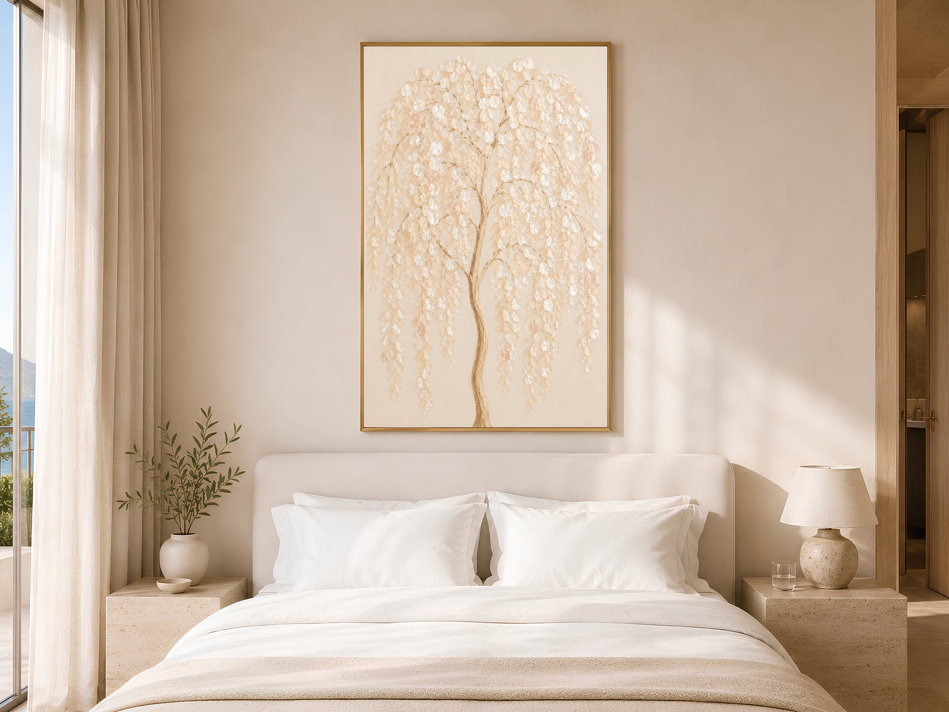 Weeping willow capiz shell print framed above a bed in a neutral bedroom
