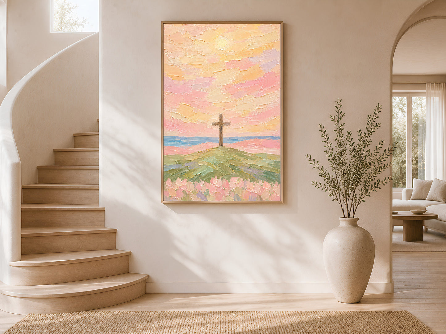 Cross on hill sunset wall art print framed and displayed on a curved staircase wall with natural light.
