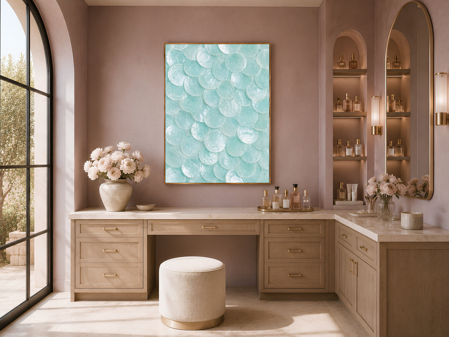 Seafoam capiz shell wall art in a gold frame displayed in a home office with a desk, chair, and built-in shelving.