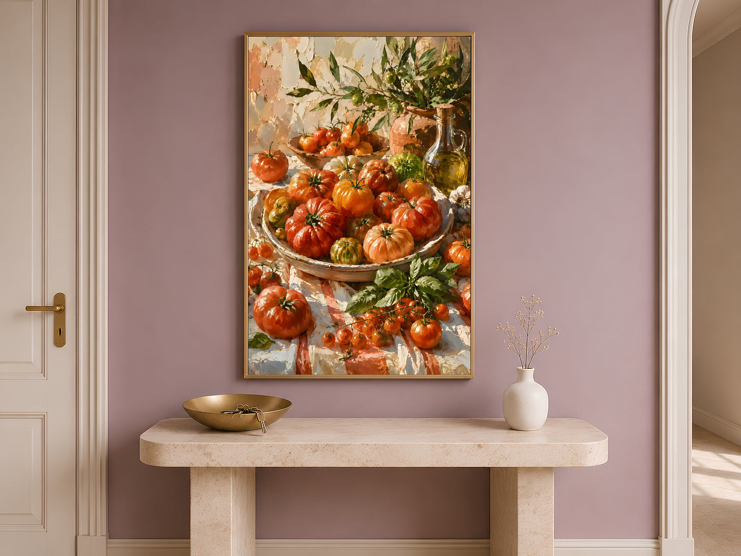 Framed heirloom tomato impasto print displayed on a minimalist entryway console table with neutral decor and soft natural light streaming through a window
