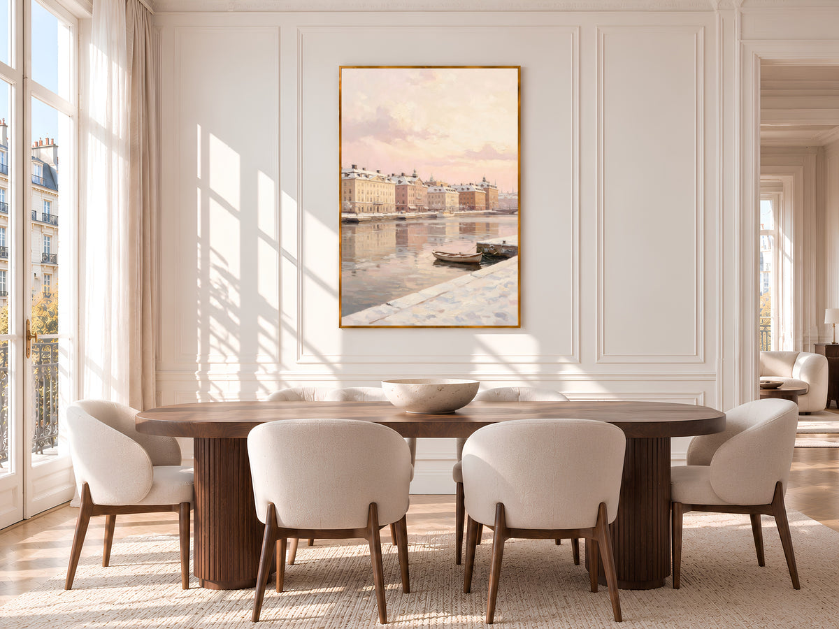 Snowy Winter City Painting Print, Pastel European Waterfront Art, Soft Pink Winter Wall Art, Printable Digital Download