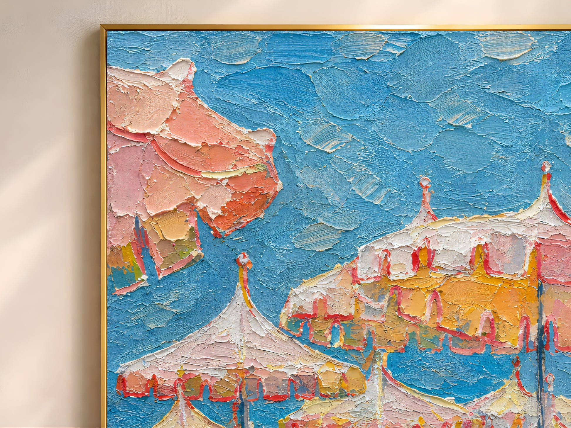 Close-up detail of impasto oil painting texture showing pink, peach, and orange beach umbrellas against a thick cerulean blue ocean and sky
