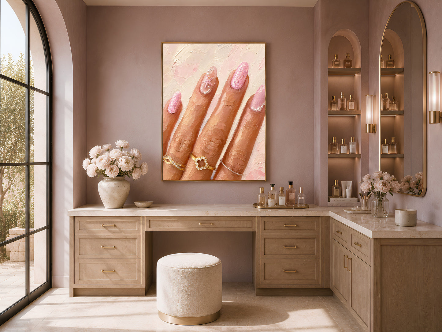Framed nail art painting above a built-in vanity desk in a neutral nook
