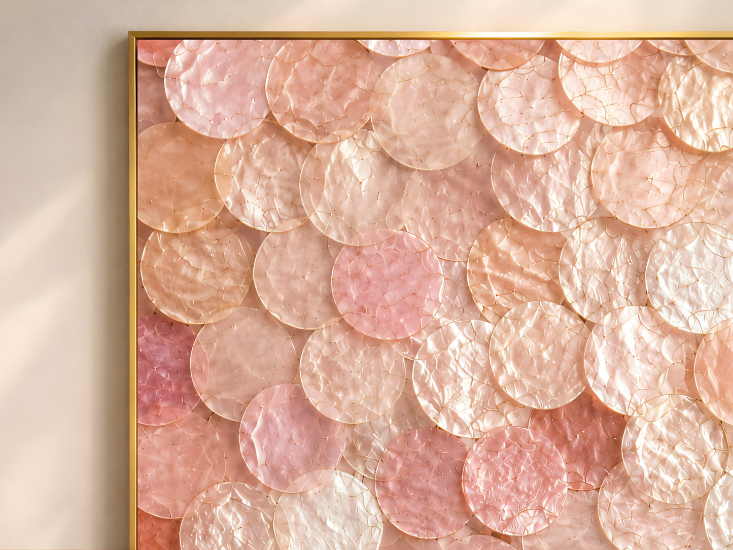 Close-up detail of pink capiz shell wall art showing luminous overlapping shell discs with iridescent texture and soft blush tones.