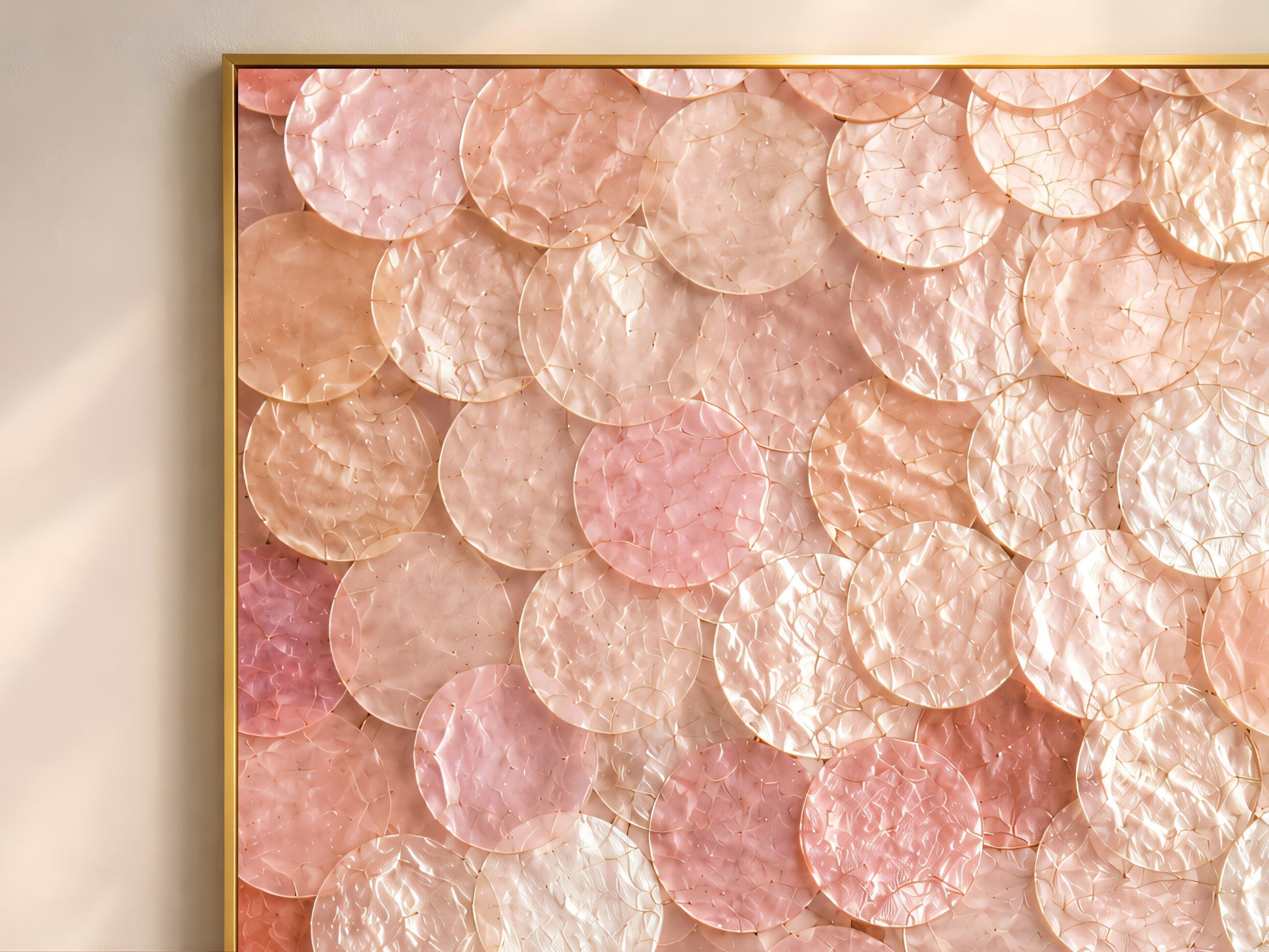 Close-up detail of pink capiz shell wall art showing luminous overlapping shell discs with iridescent texture and soft blush tones.
