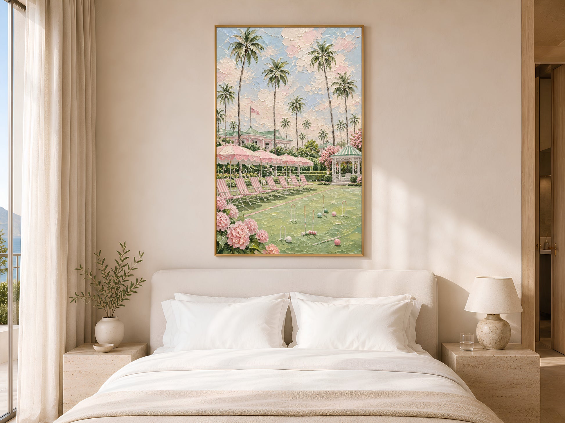 Pink preppy resort painting framed above a bed in a sunlit neutral bedroom
