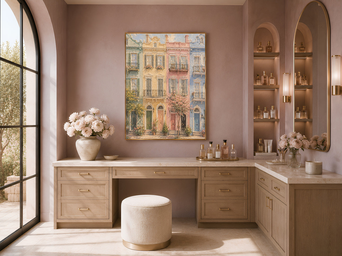 Framed Rainbow Row wall art above a console table beside an arched doorway