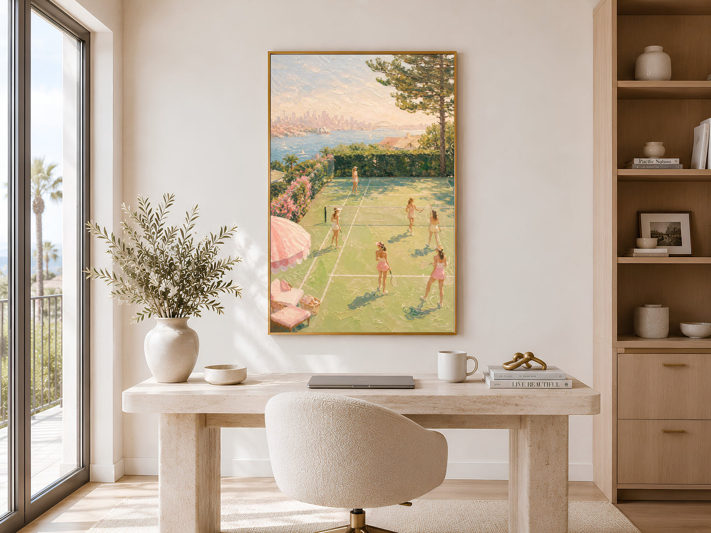 Tennis court oil painting print in gold frame displayed in a calm neutral dining space with round chairs and shelving