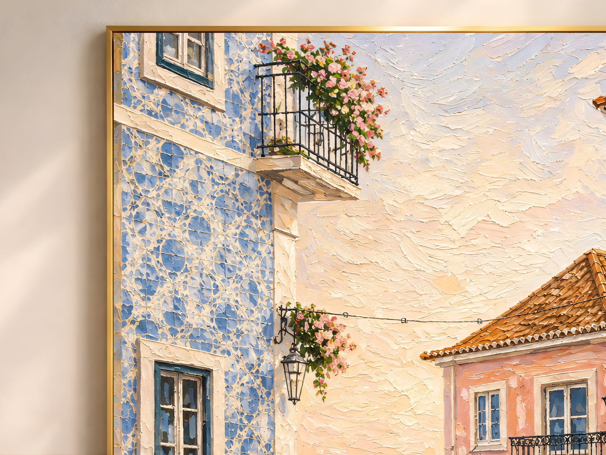 Close-up detail of Lisbon street wall art showing blue tiled buildings, pastel architecture, and textured impasto-style brushwork.