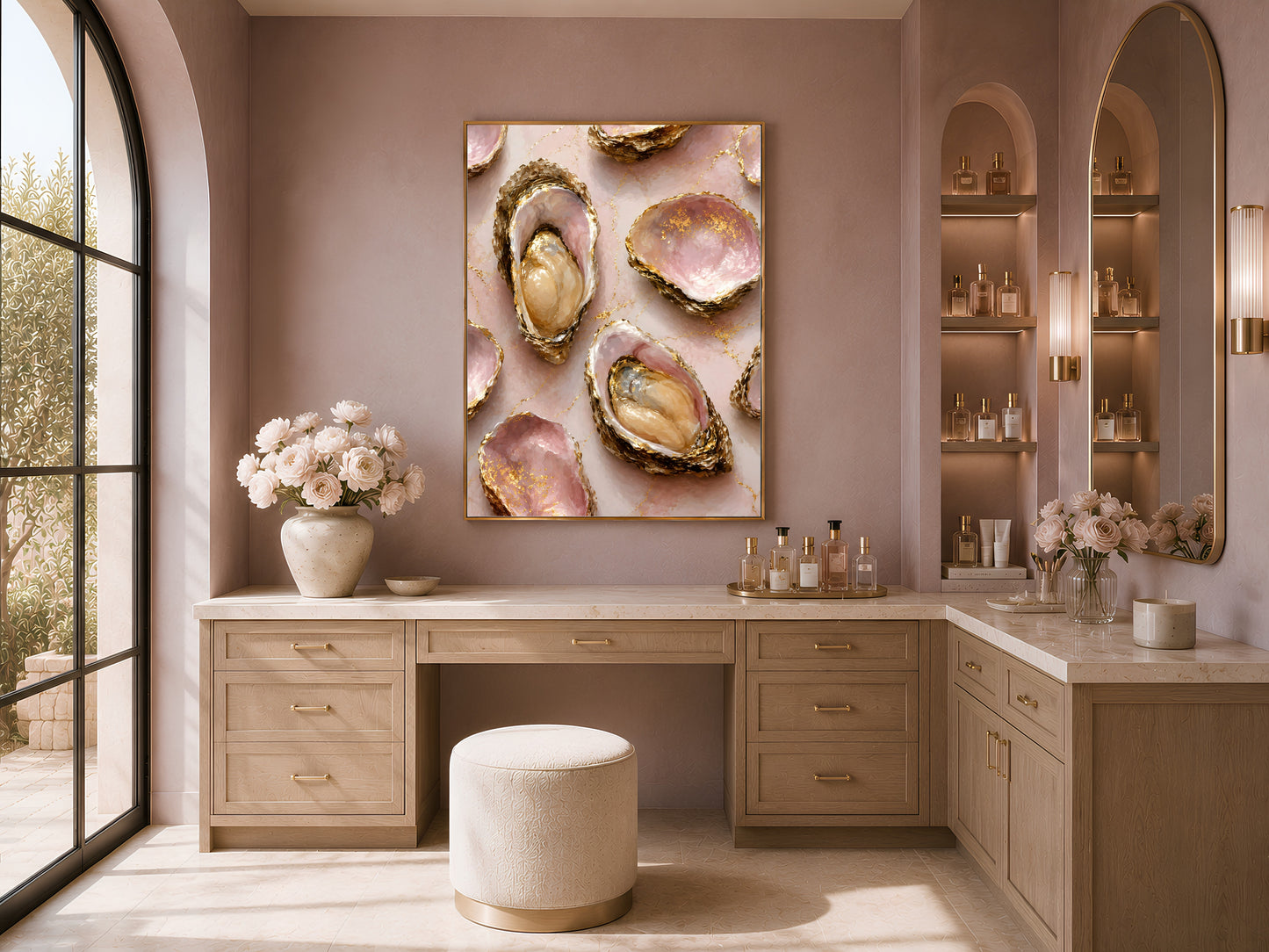 Pink oyster shell wall art print in a gold frame above a wood vanity nook with flowers and a mauve accent wall.
