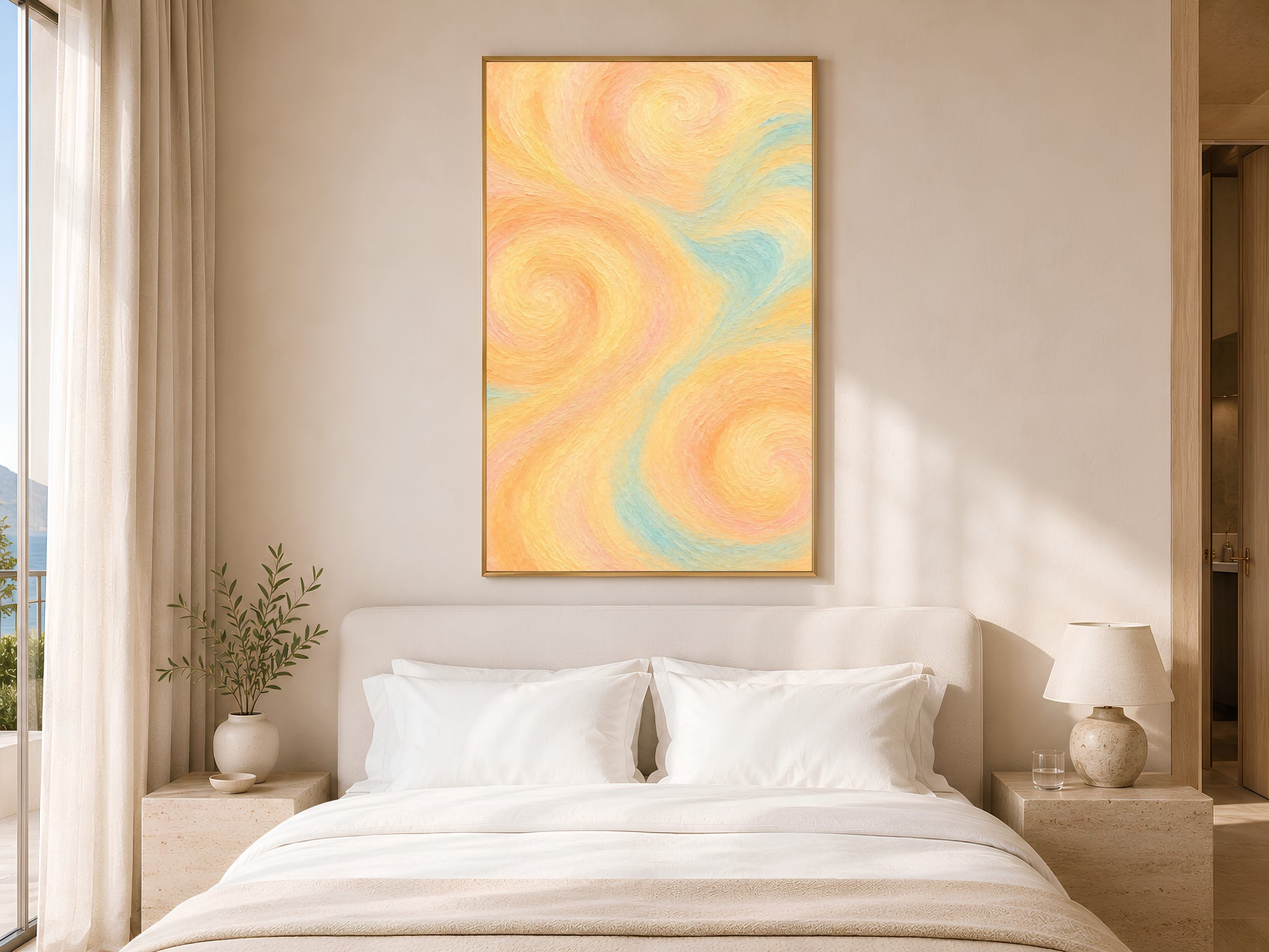 Butter yellow abstract swirl print framed above a bed in a sunlit neutral bedroom
