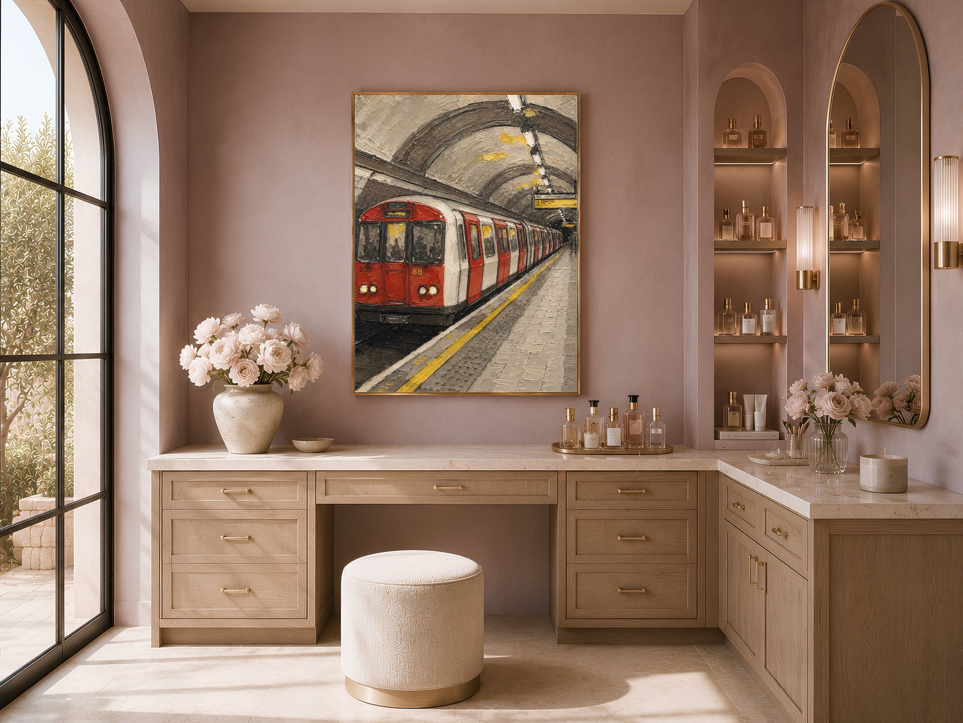London Underground tube train wall art in a gold frame above a bathroom vanity with an arched window, textured impasto print
