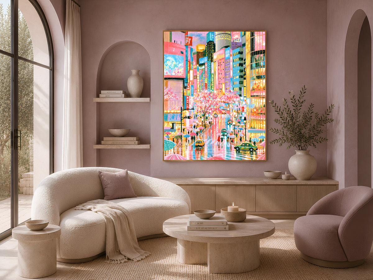 Tokyo Rain Cherry Blossom Wall Art, Pastel Shibuya Street Painting, Pink Japan City Print, Printable Digital Download