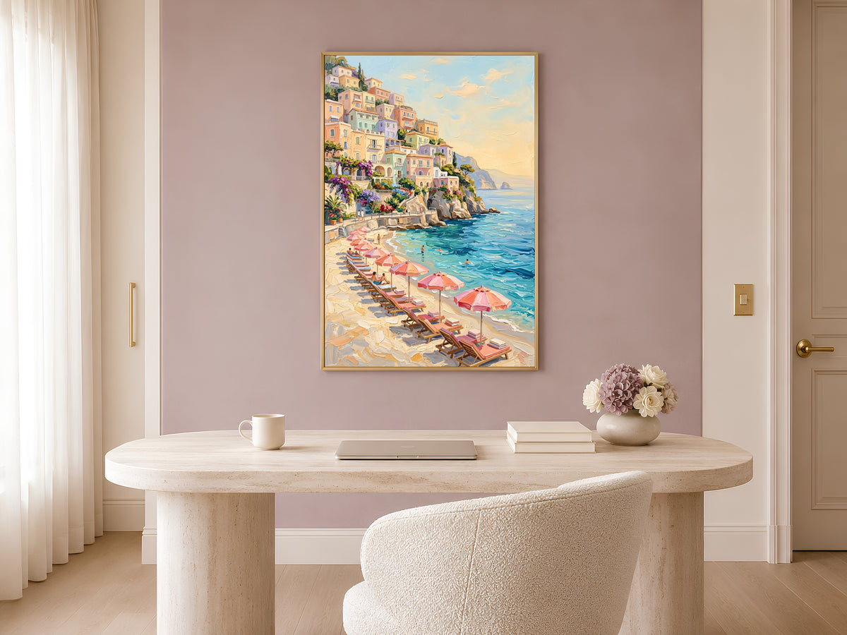 Positano Wall Art, Amalfi Coast Beach Club Oil Painting Print - Digital Download