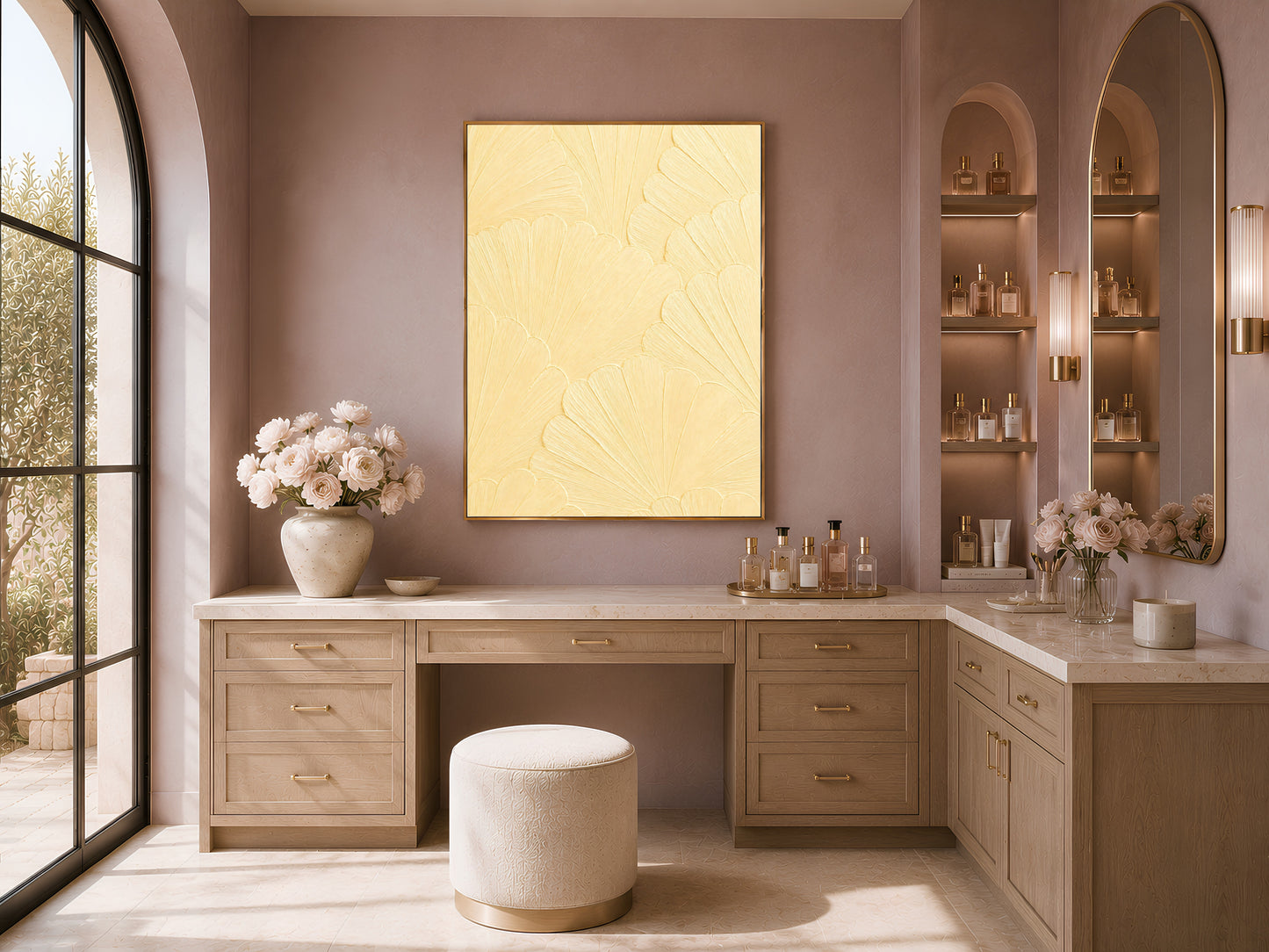 Butter yellow textured print displayed above a vanity in a warm dressing room with fresh flowers