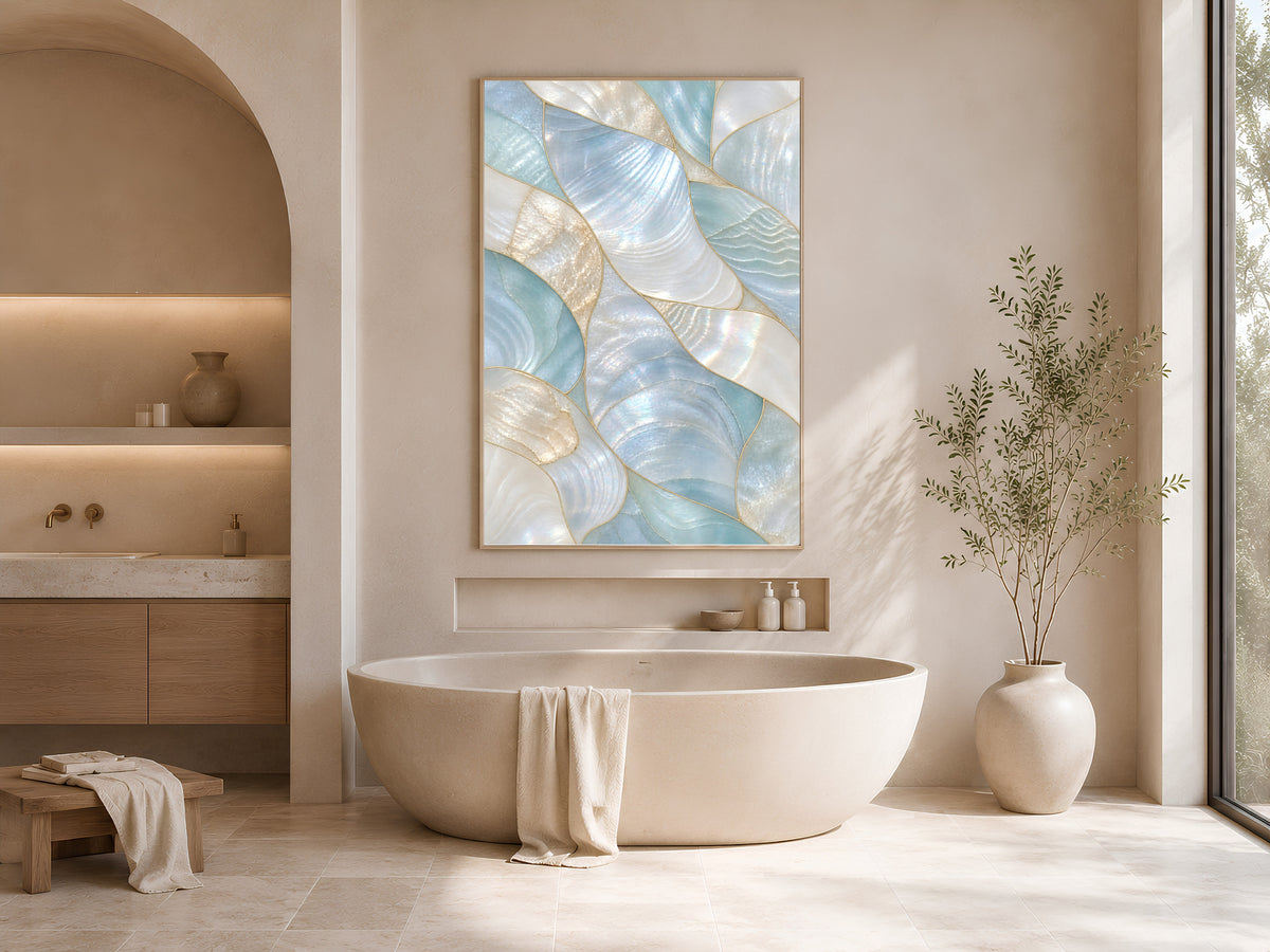 Aqua Mother of Pearl Wall Art, Seafoam Iridescent Shell Print, Coastal Bathroom Decor, Patina Blue Poster, Beach House, Instant Download
