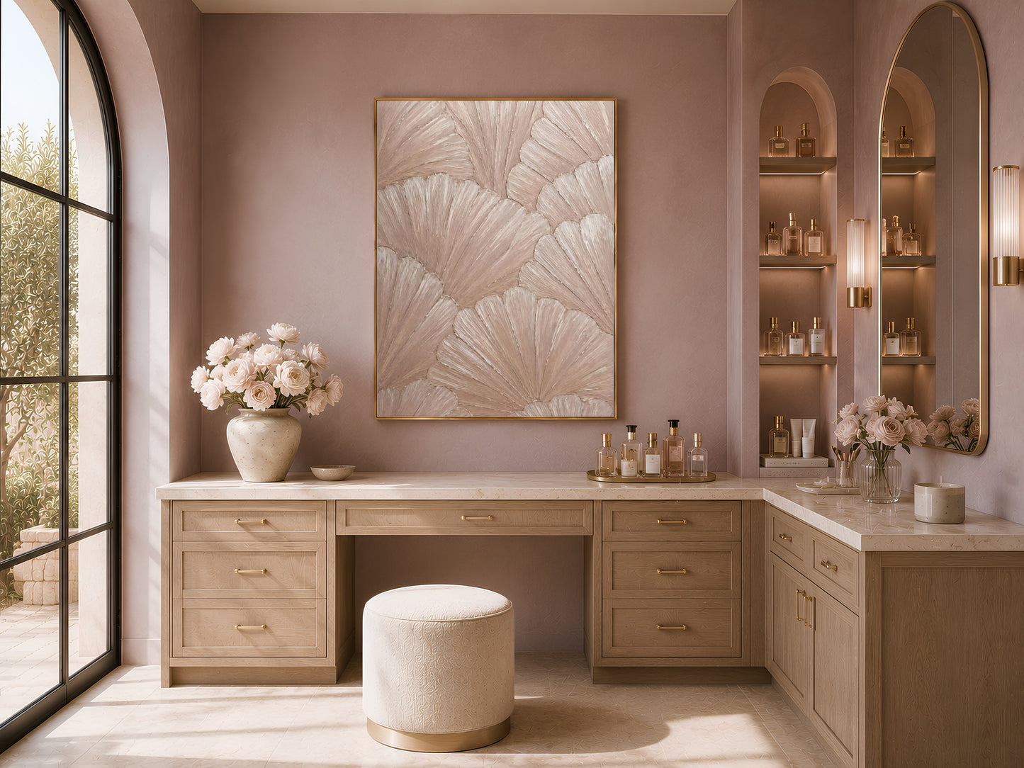 Scallop mosaic wall art displayed above a vanity in a mauve dressing room with fresh flowers
