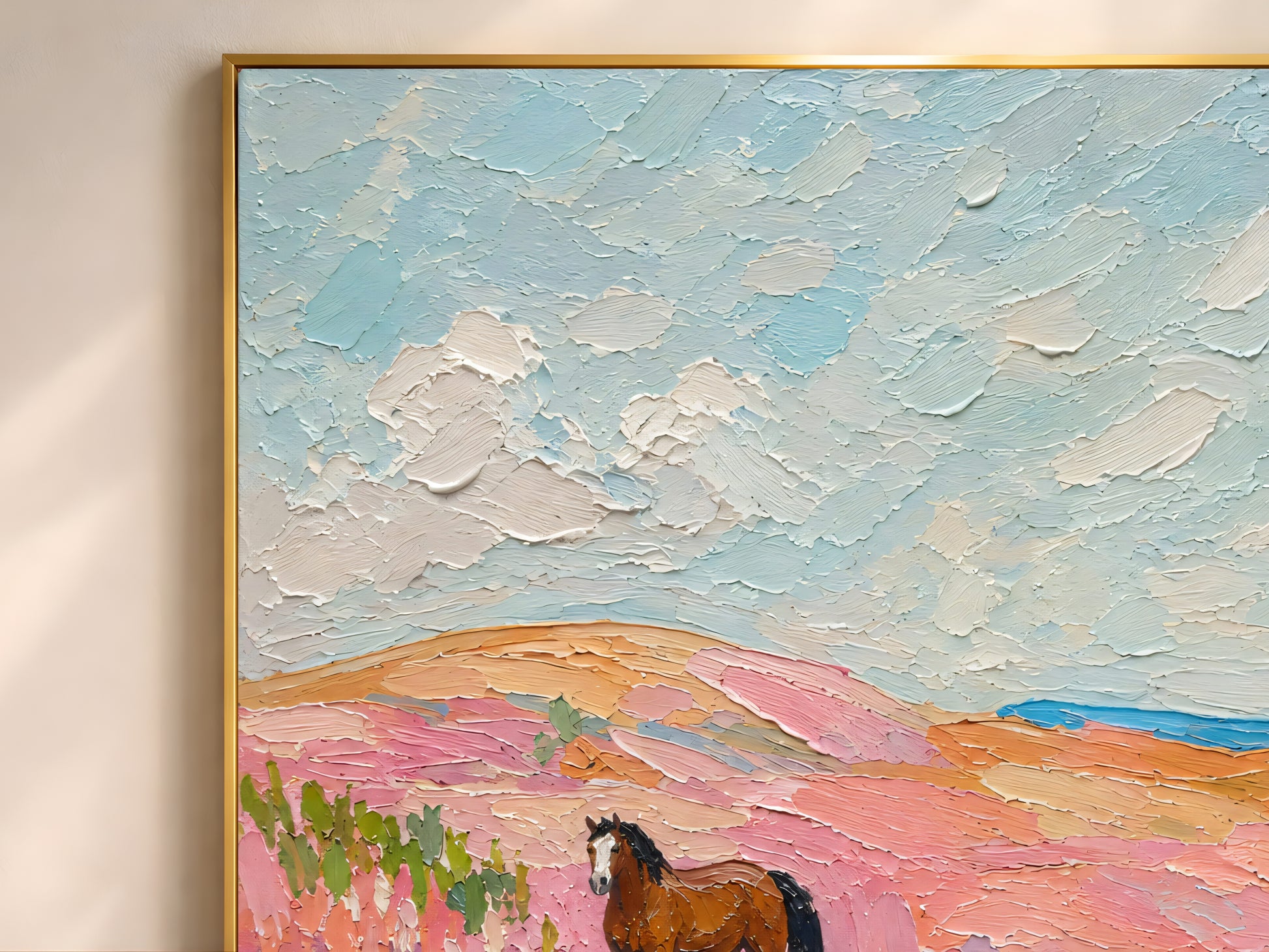 Close-up detail of impasto oil painting texture showing two bay horses in a sweeping pink and coral wildflower landscape under a pale blue cloudy sky
