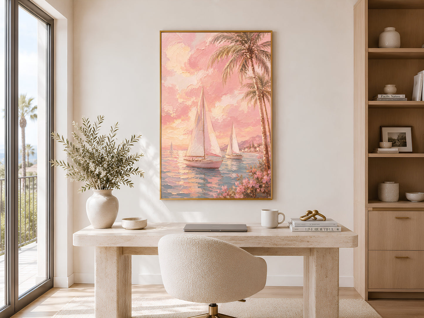 
Pink tropical sailboat print in gold frame displayed in a calm neutral home office with round desk and open shelving