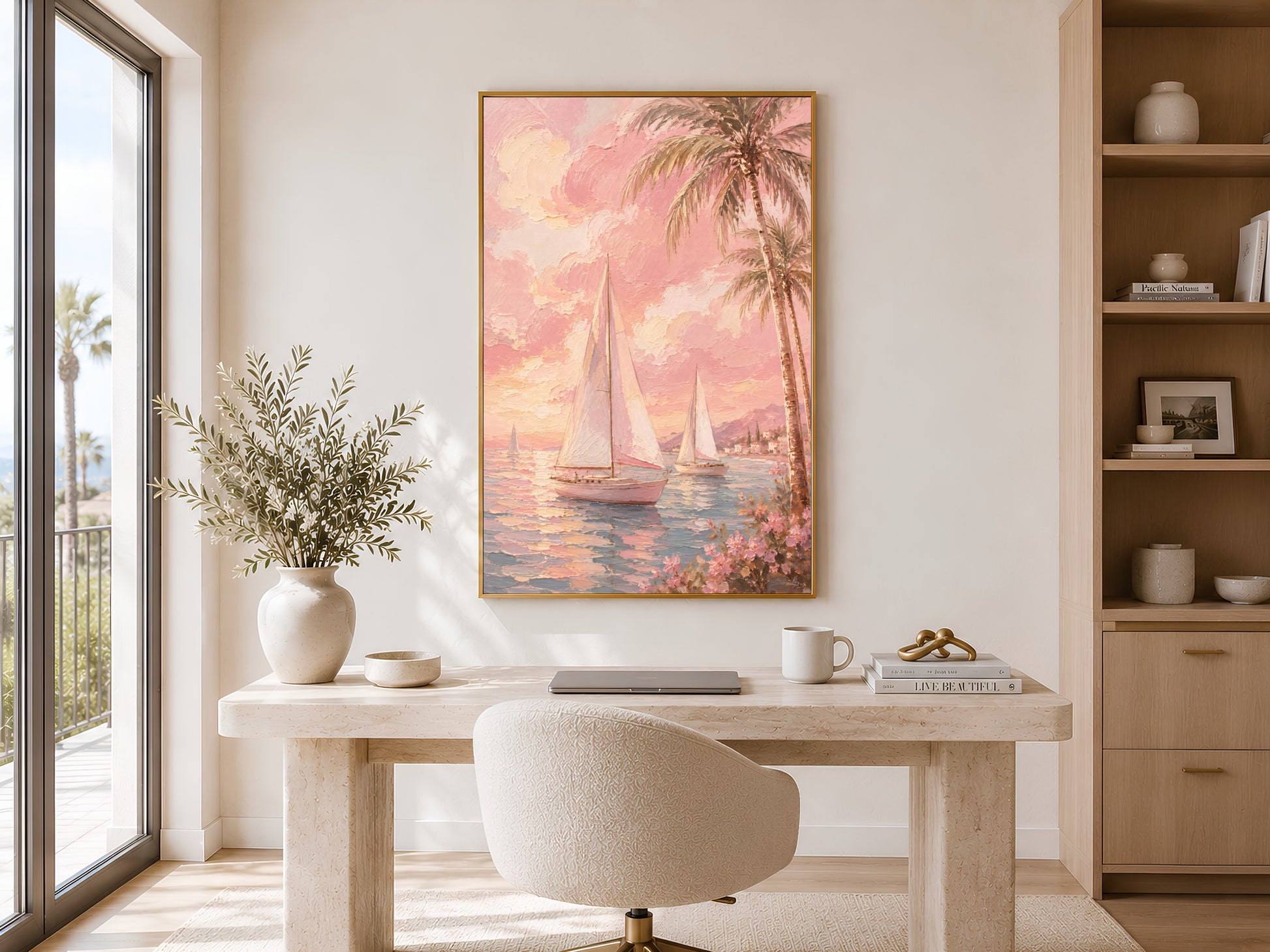 
Pink tropical sailboat print in gold frame displayed in a calm neutral home office with round desk and open shelving