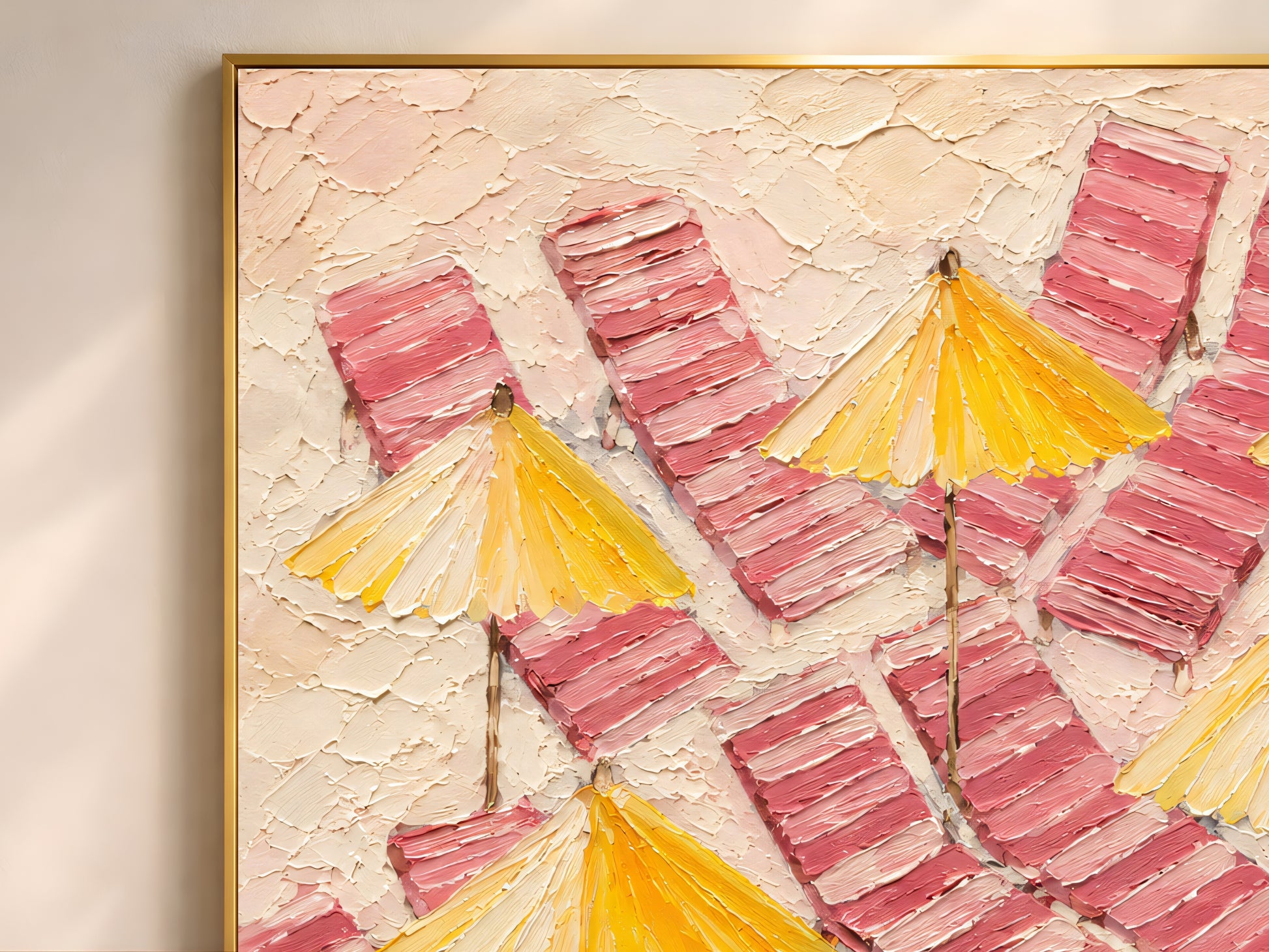 Close-up detail of pink striped loungers and yellow beach umbrellas painted in thick impasto-style texture with playful summer colors.