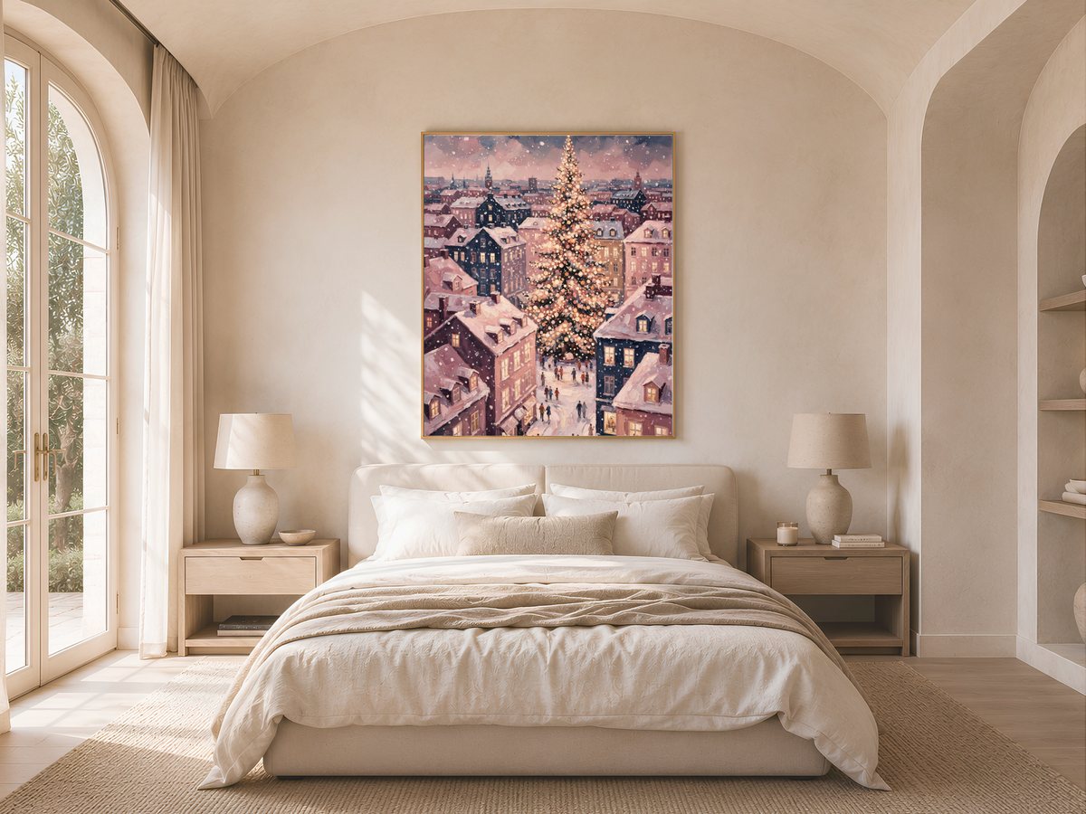 European Christmas Village Wall Art, Snowy Town Square Print - Digital Download
