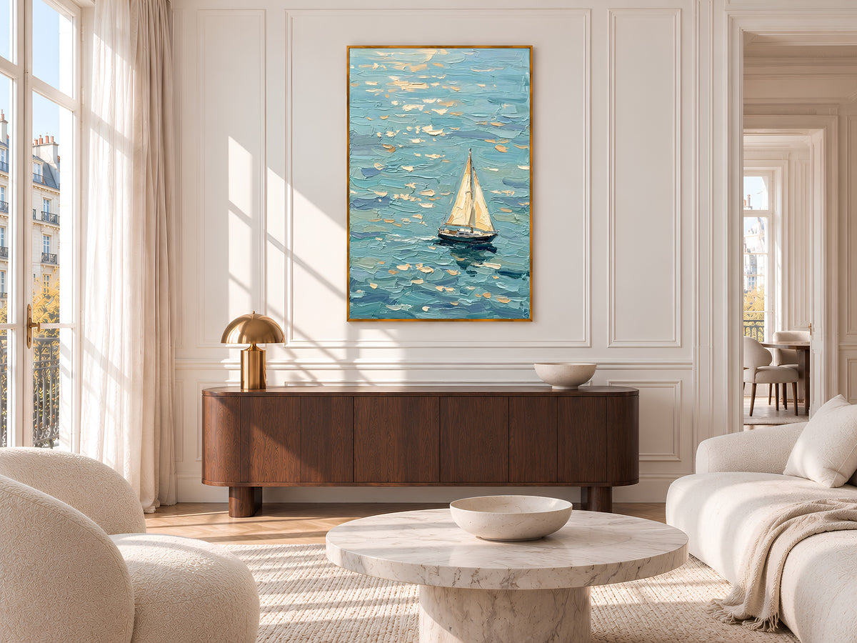 Sailboat Painting Print, Turquoise Ocean Wall Art with Single Sailboat, Textured Impasto Style Seascape, Coastal Printable, Digital Download